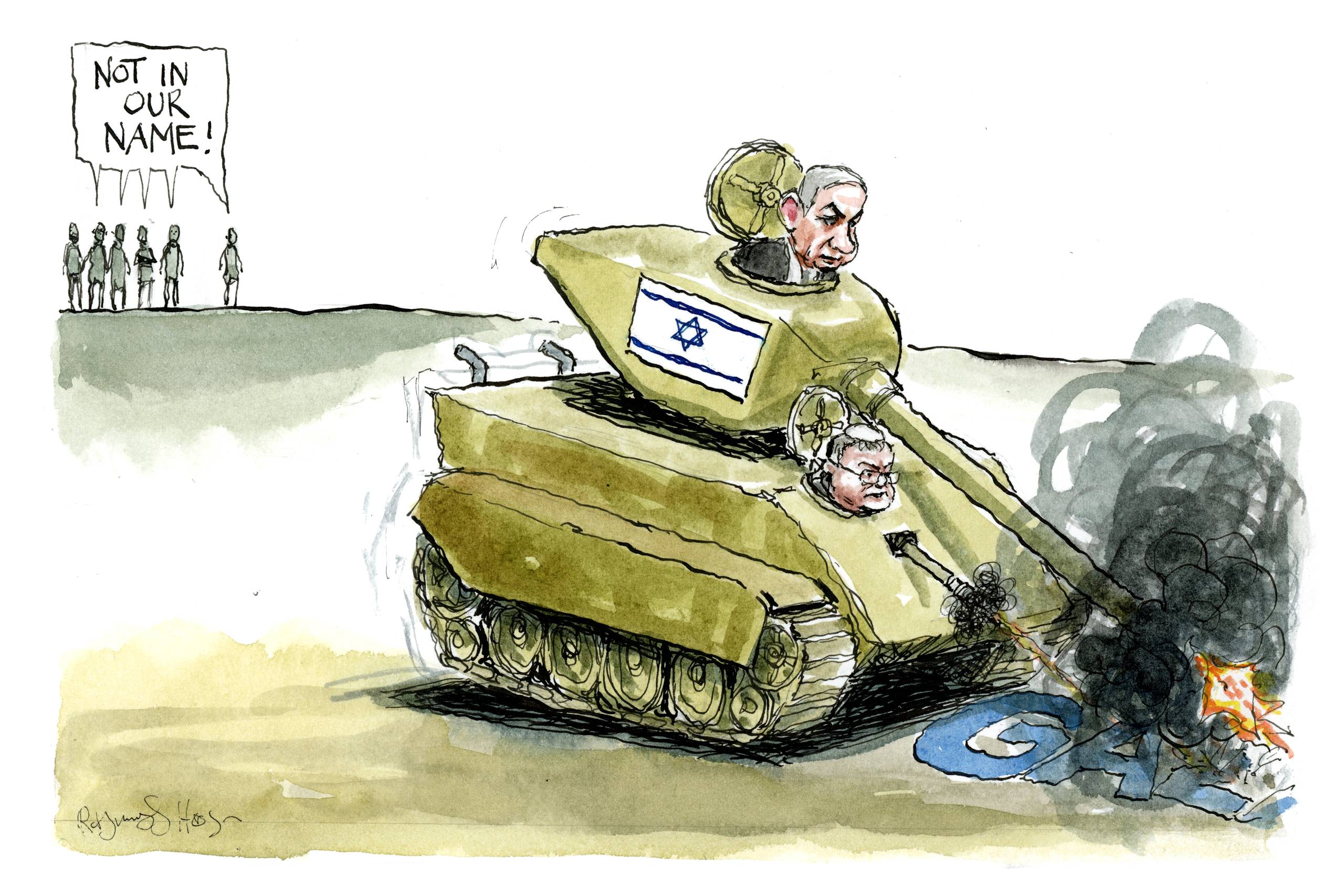 Verdens jøder skal ikke anklages for noget, de ikke har gjort. Vi håber, ​at Danmark og danskerne træder i karakter og værner om den selvforståelse, mange af os er vokset op med – at vi ikke skal bedømmes på andres gerninger end vores egne, skriver kronikørerne. Tegning: Rasmus Sand Høyer