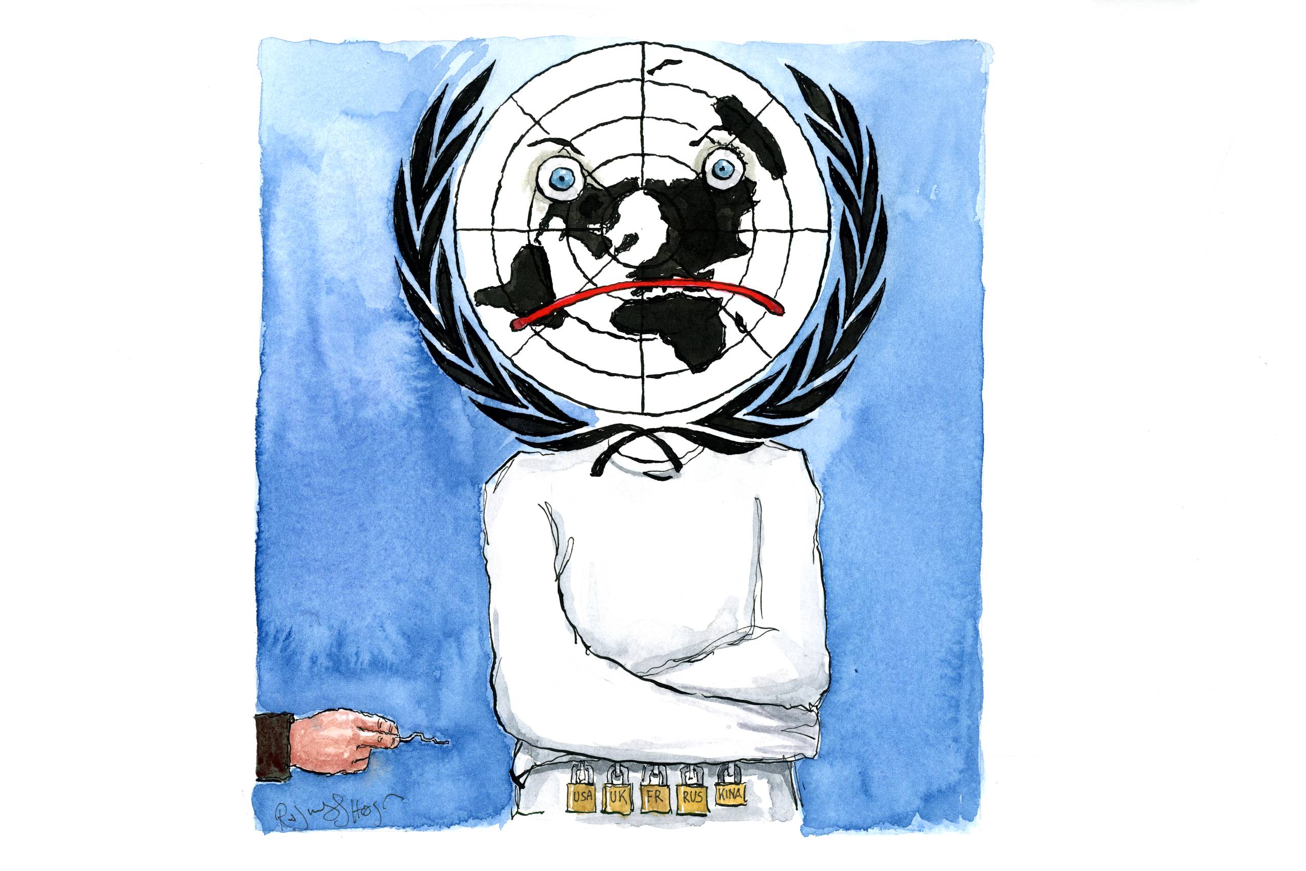 De permanente medlemmer af FN's Sikkerhedsråd kan i deres ofte fastlåste positioner fremkalde en handlingslammelse, der er skadelig for FN - og verden som sådan, mener Viktor Munck. Tegning: Rasmus Sand Høyer