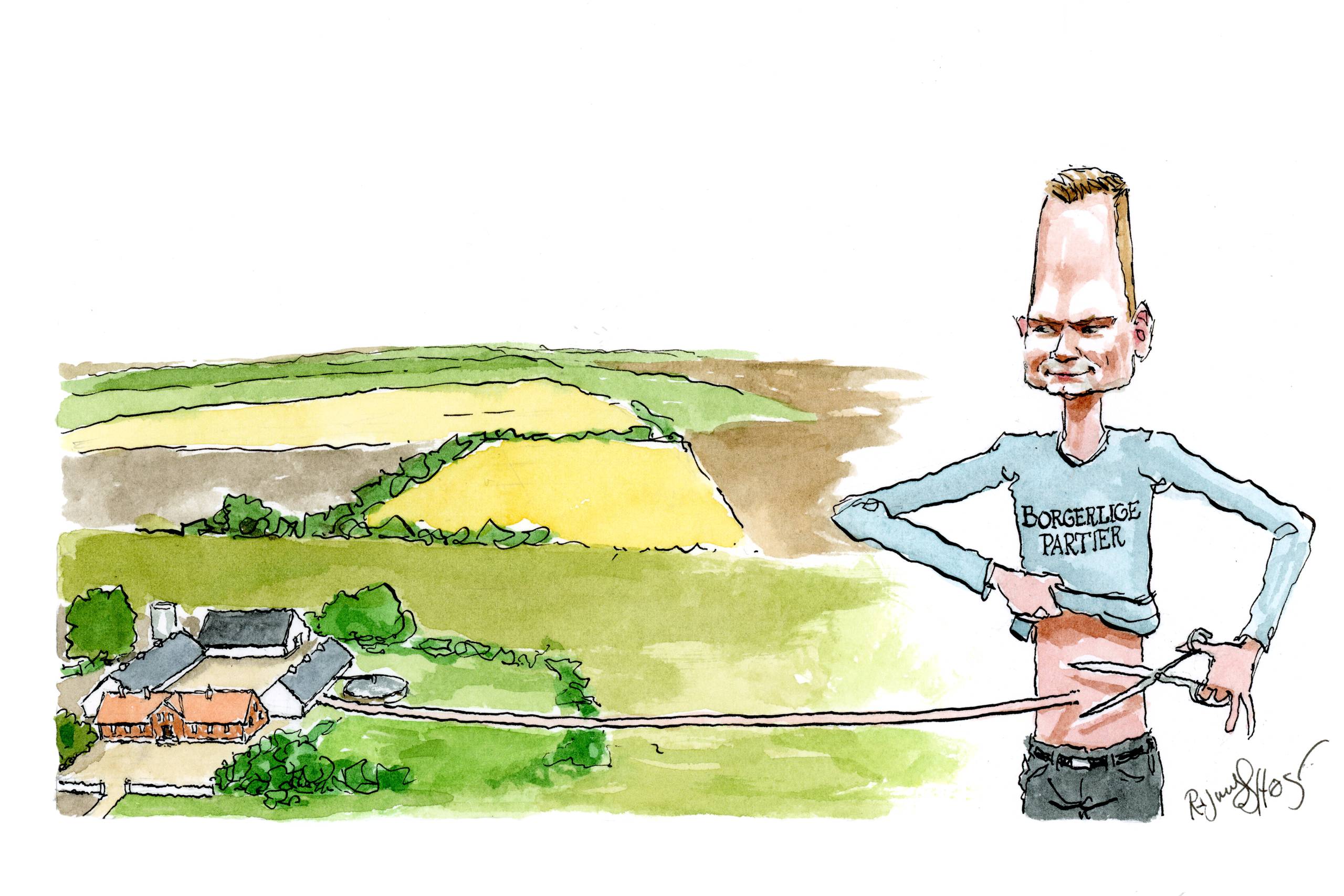 Landbrugsfundamentalismen har ført til en tilstand, hvor berøringsangsten har gjort det umuligt at føre en rationel politik. Det er på tide, at også de borgerlige partier kapper de bevidstløse bånd til en branche, der lever på stolte traditioner, mener Tobias Pagh, politisk formand, Liberal Alliances Ungdom. Tegning: Rasmus Sand Høyer