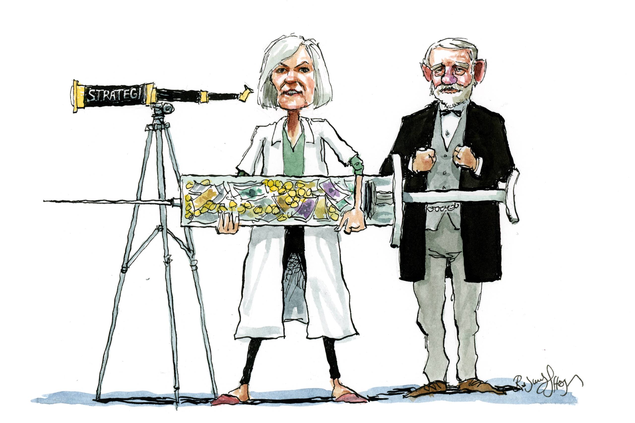 Hvor får samfundet mest muligt ud af de midler, vi uddeler? Hvordan sikrer vi, at vores uddelinger understøtter og ikke skævvrider? Med andre ord er dialog med samfundet helt afgørende for, at vores samfundskontrakt forvaltes bedst muligt, skriver Majken Schultz. Tegning: Rasmus Sand Høyer