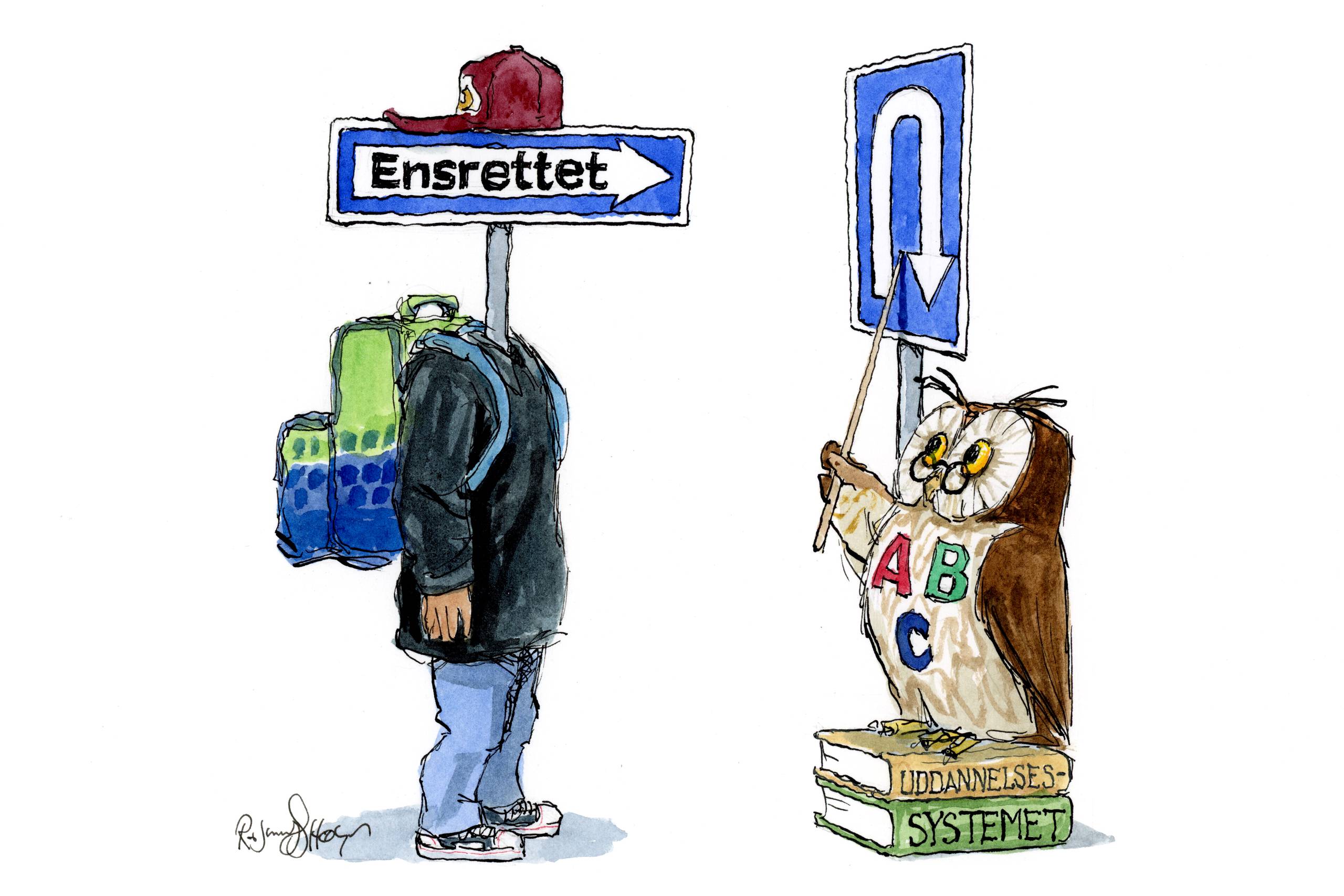  Mange unge fra parallelsamfund oplever, at de hverken passer ind i det danske samfund eller lever op til familiens forventninger. Tegning: Rasmus Sand Høyer