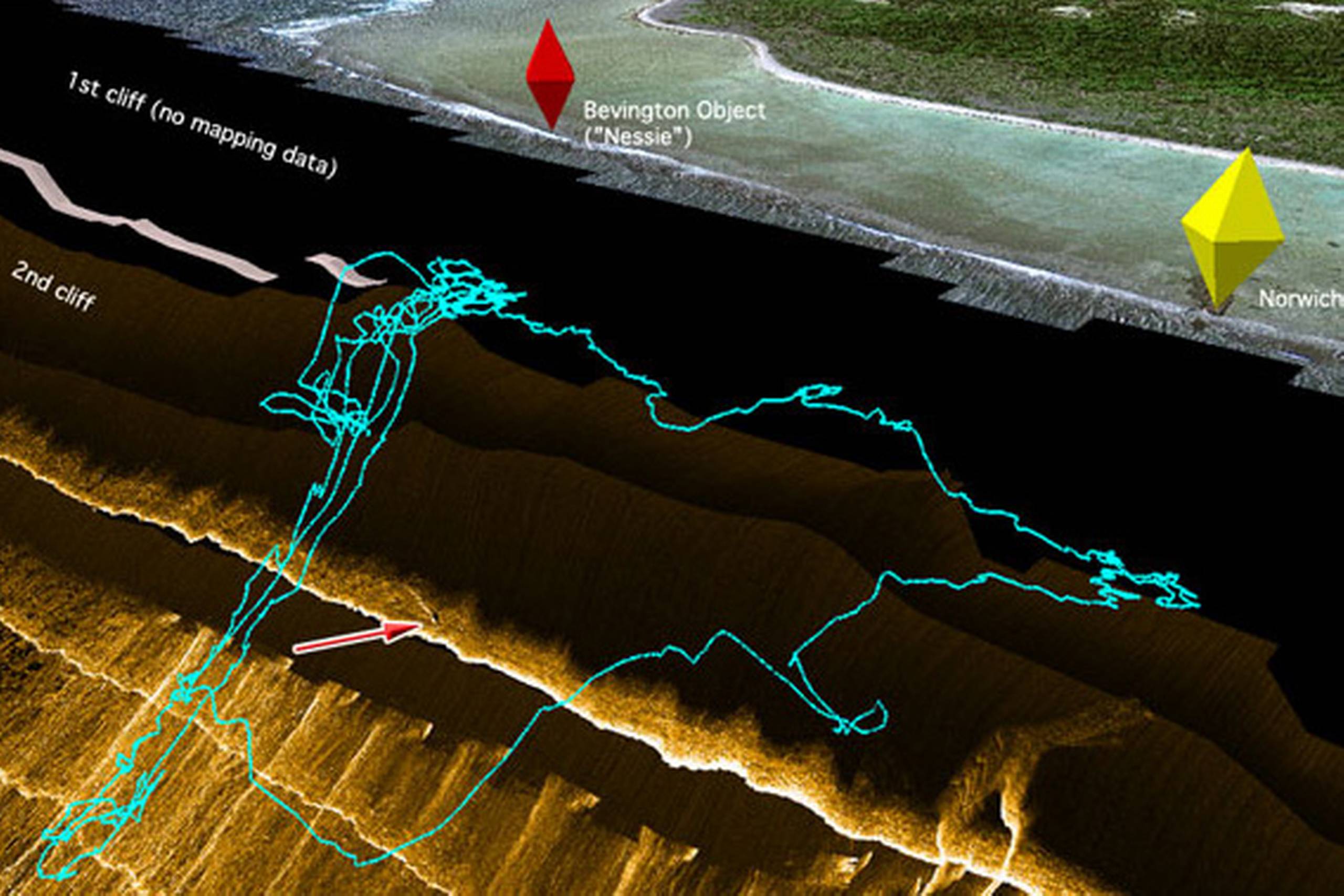 Pilen viser det sted, hvor forskerne mener, at en vinge eller del af Amelia Earharts fly ligger begravet.