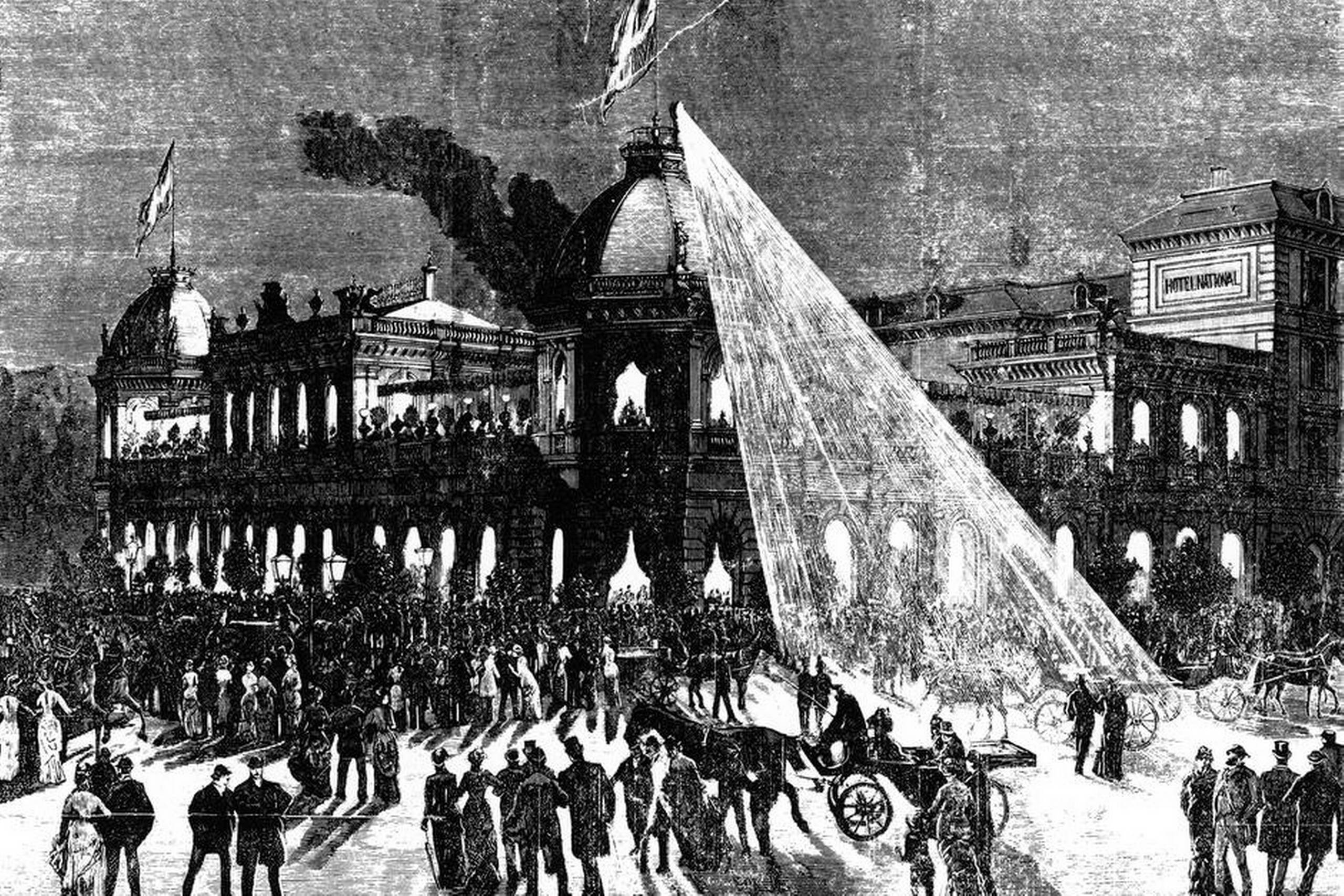 Kulbuelyset i aktion ved Nationals elektriske fest den 5. juli 1882. Gengivet i Illustreret Tidende, årgang 23, 30/7 1882.