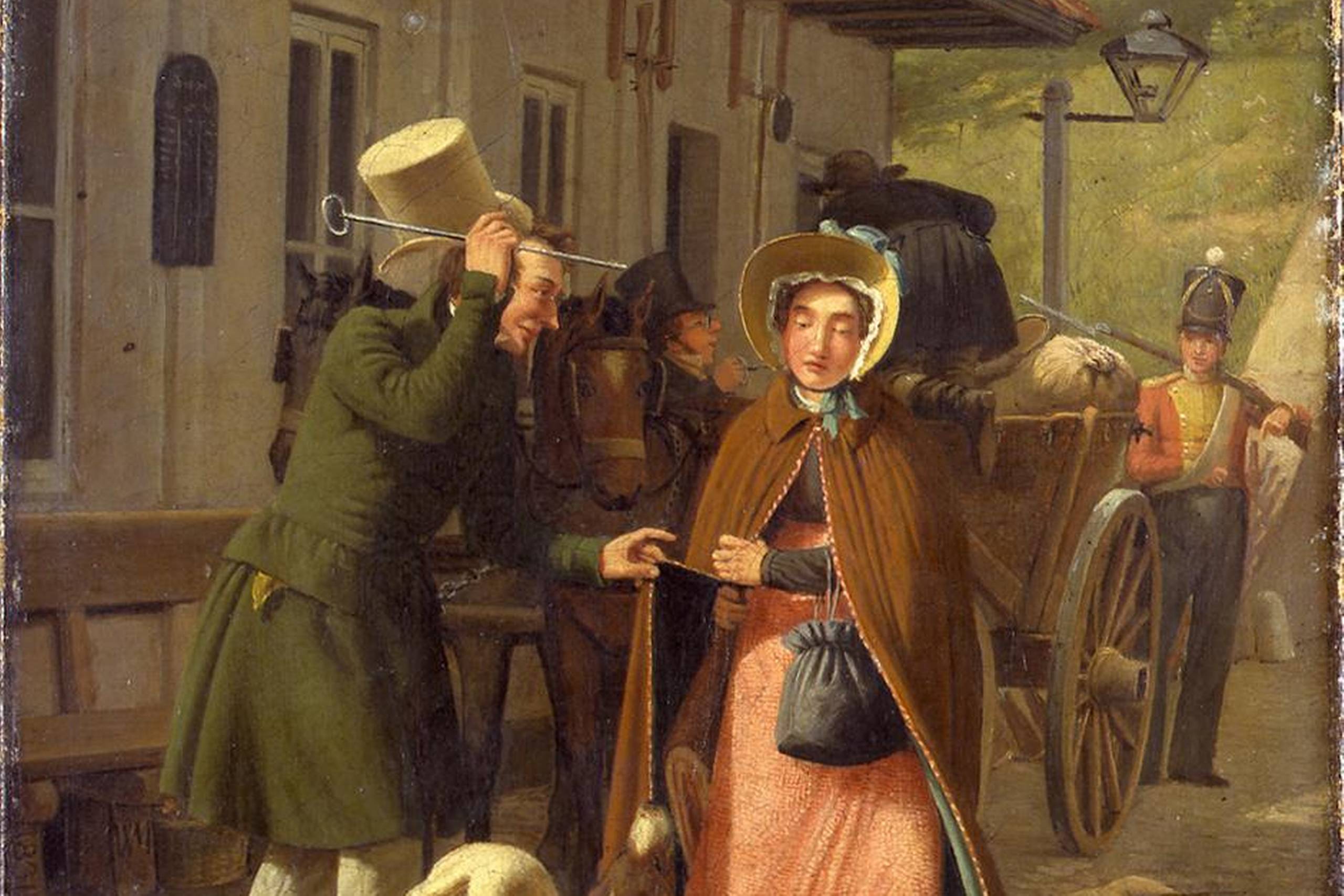 En vigtig del af købstædernes handelsliv foregik på de to årlige kræmmermarkeder. Handlende fra andre byer kom til markedet – hvis de altså havde fået udstedt et markedspas – og falbød deres <130>varer til folk, der var strømmet til købstaden. Tolderen gør en fangst ved acciseboden i København 1831. Maleri af Wilhelm Marstrand. Københavns Museum