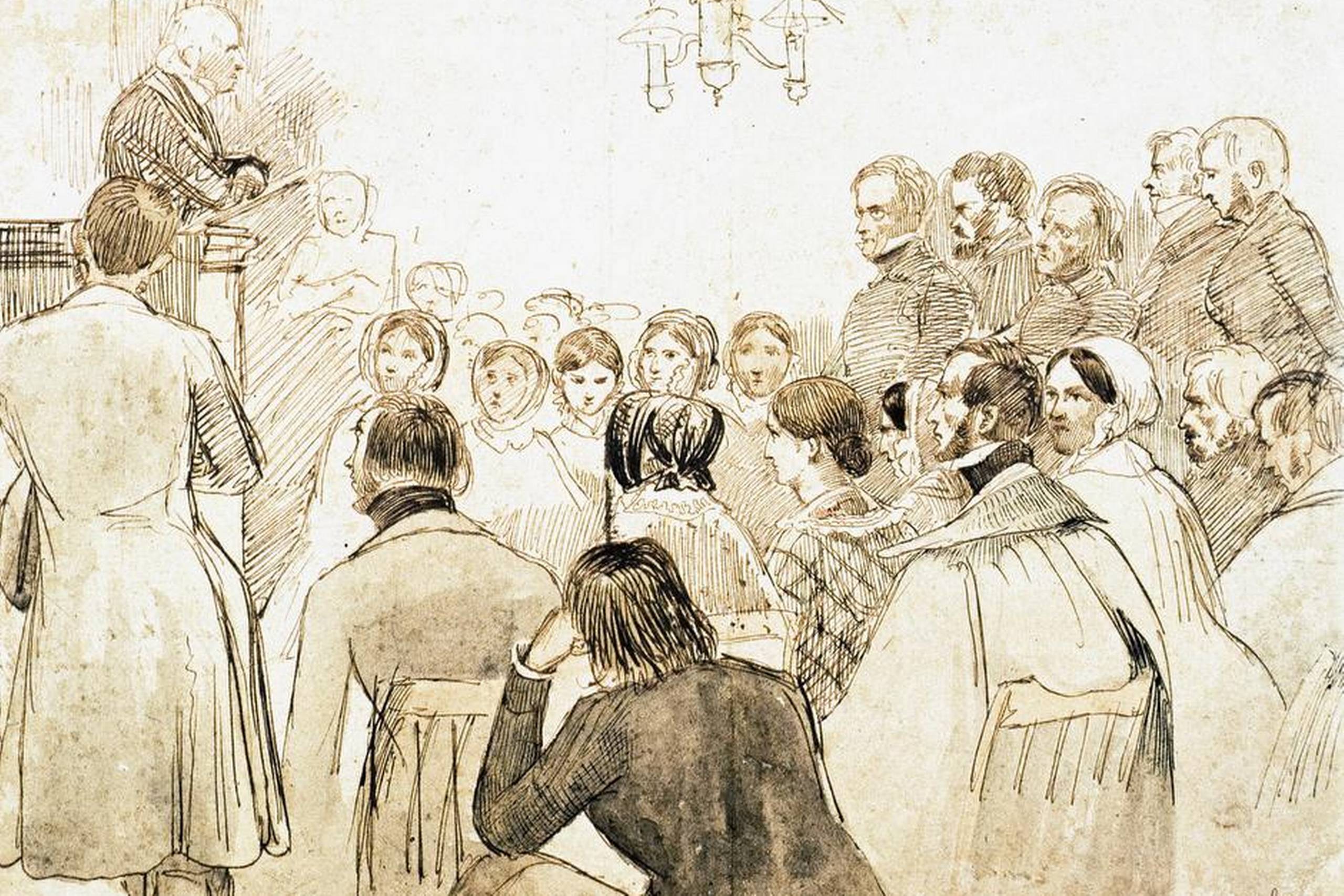 I 1838 holdt Grundtvig 51 foredrag på Borchs <130>Kollegium om dansk historie siden Den Franske <130>Revolution. Foredragsrækken var Grundtvigs gennembrud i den akademiske offentlighed. Fem år senere vendte han tilbage til kollegiet og talte nu om græsk og nordisk mytologi. Johan Thomas Lundbyes tegning fra 1843 har fanget kredsen af dybt fængslede tilhørere. Det Nationalhistoriske Museum på Frederiksborg Slot