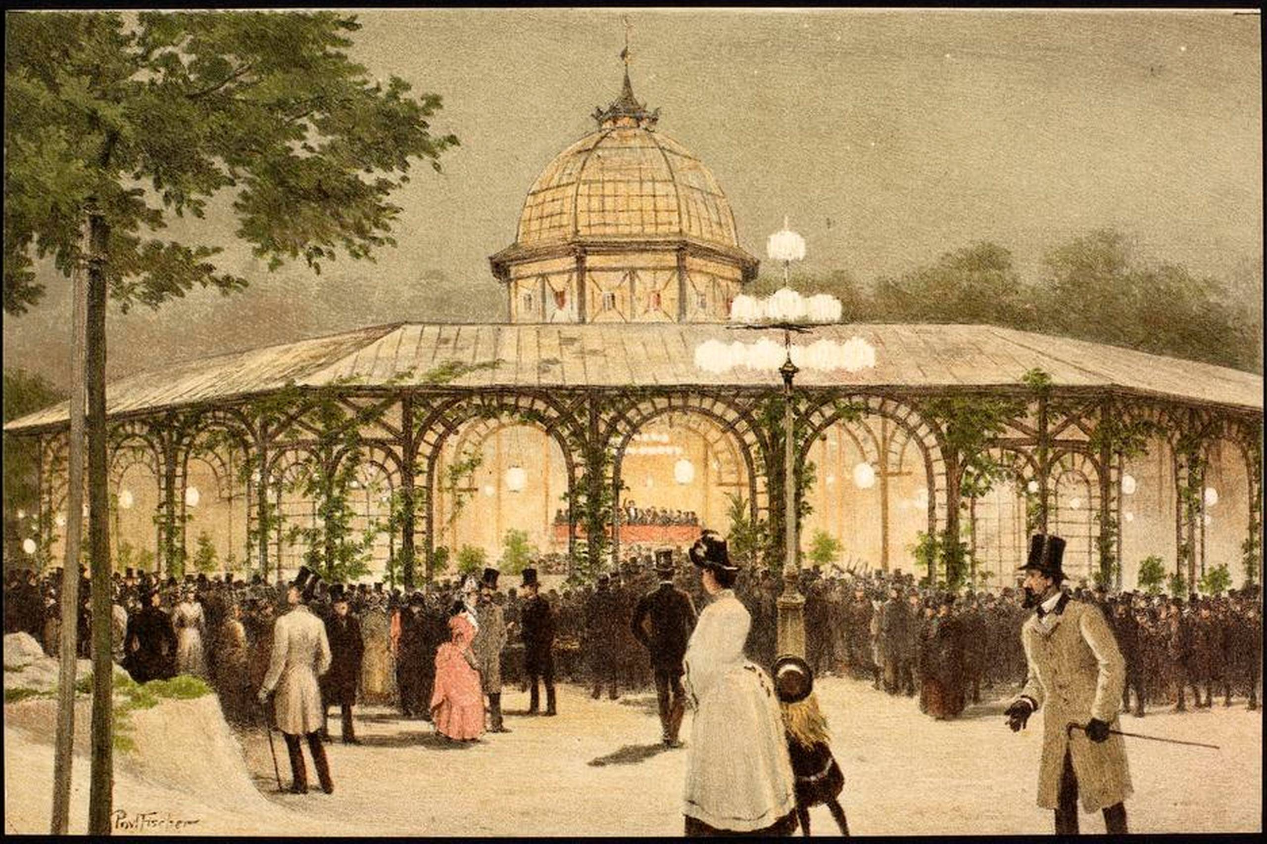 Tivolis koncertsal blev et af udflugtsmålene, hvor borgerskabet forlystede sig med ligesindede. At se og blive set var ikke uvæsentligt. Gengivet af Poul Fischer