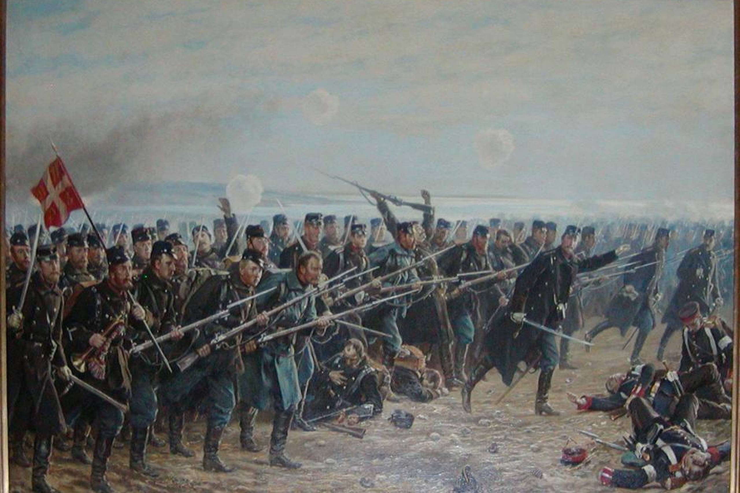 Den danske regering overvurderede den danske hærs evne til at holde skanserne ved Dybbøl og undlod at trække hæren tilbage til Als. Det kom til at koste Danmark dyrt. Den 18. april stormede preussiske soldater de sønderskudte skanser. Kunstmaler Vilhelm Jacob Rosenstand: Ottende Brigades angreb ved Dybbøl, 1894. Det Nationalhistoriske Museum på Frederiksborg Slot. Foto: Kit Weiss
