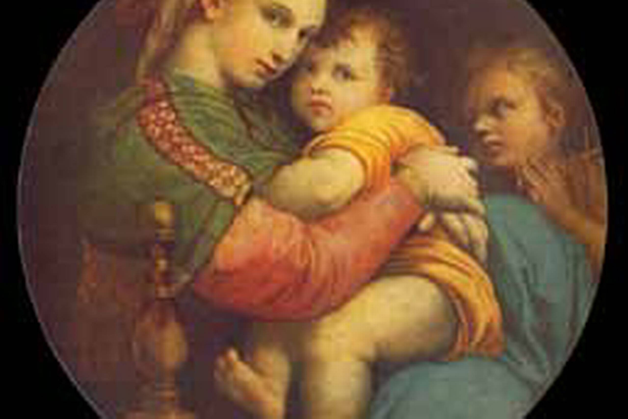 Reproduktioner af renæssancekunstneren Raphaels Madonnabilleder var yndede motiver i 1800-tallets hjem. Den rene, kærlige og nærmest ophøjede kvindeskikkelse var et udtrykkeligt billede på tidens moderideal. Raphael, Madonna della sedia, ca. 1514. Palazzo Pitti, Firenze 