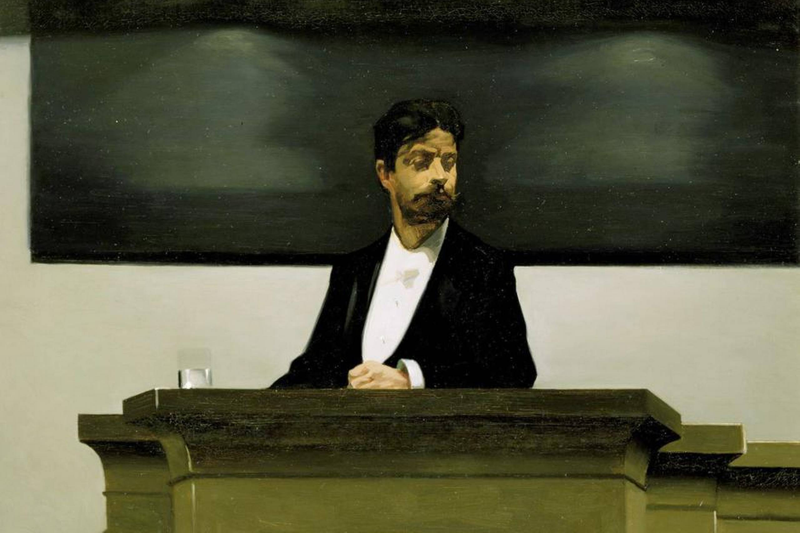 Harald Slott-Møller (1864-1937) malede i 1889-1890 Brandes på talerstolen på Københavns Universitet. Det var det år, han omsider afsluttede sidste og sjette bind af ”Hovedstrømninger” og det år, han introducerede filosoffen Friedrich Nietzsche. Det store billede (105 x 94 cm) findes i flere versioner, her fra Detroit Institute of Art, der købte det i 1990.