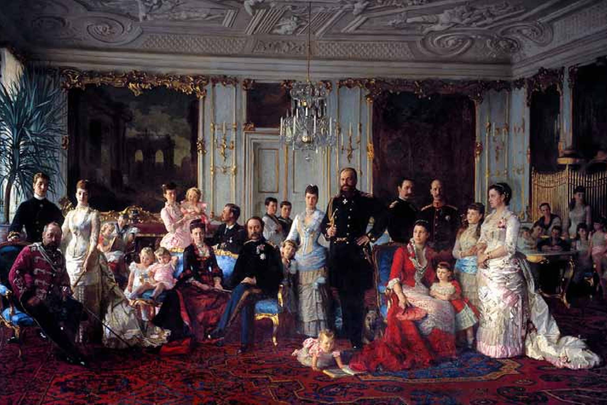 Christian 9. og en stor del af hans familie i midten af 1880’erne, malet af kunstneren Lauritz Tuxen. 39 børnebørn fik kongeparret, hvormed fire europæiske kongehuse var repræsenteret, når familien samledes. Politisk set var det kongehuset og Højre i Landstinget, der stod for provisorietiden. Fotograf: Thorkild Jensen. Christiansborgs Slotsforvaltning