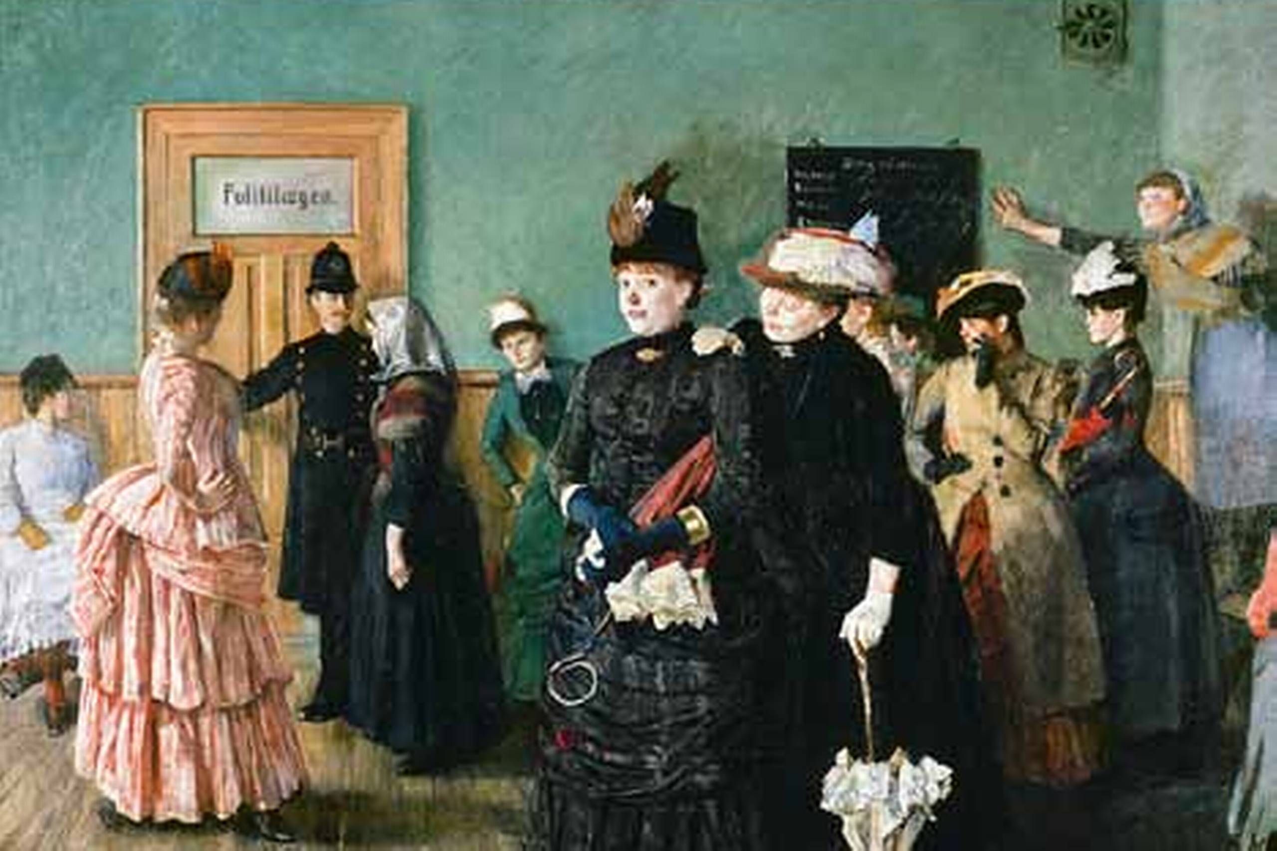 Christian Krohg: Albertine i politilegens venteværelse (1887), olie på lærred, 211 x326 cm. Den norske maler og forfatter Christian Krohg (1852-1925) bidrog til sædeligheds- debatten med romanen Albertine (1886), der handler om en ung, fattig pige, som af sociale omstændigheder drives ud i prostitution. Albertine får sit endelige knæk, da hun – mistænkt for prostitution – indkaldes til offentlig visitation, hvor hun med blottet underliv og spredte ben skal undersøges for kønssygdomme. Maleriet viser Albertine, som sammen med hærdede prostituerede venter på den ydmygende undersøgelse. Nasjonalmuseetfor Kunst, Arkitektur og Design, Oslo