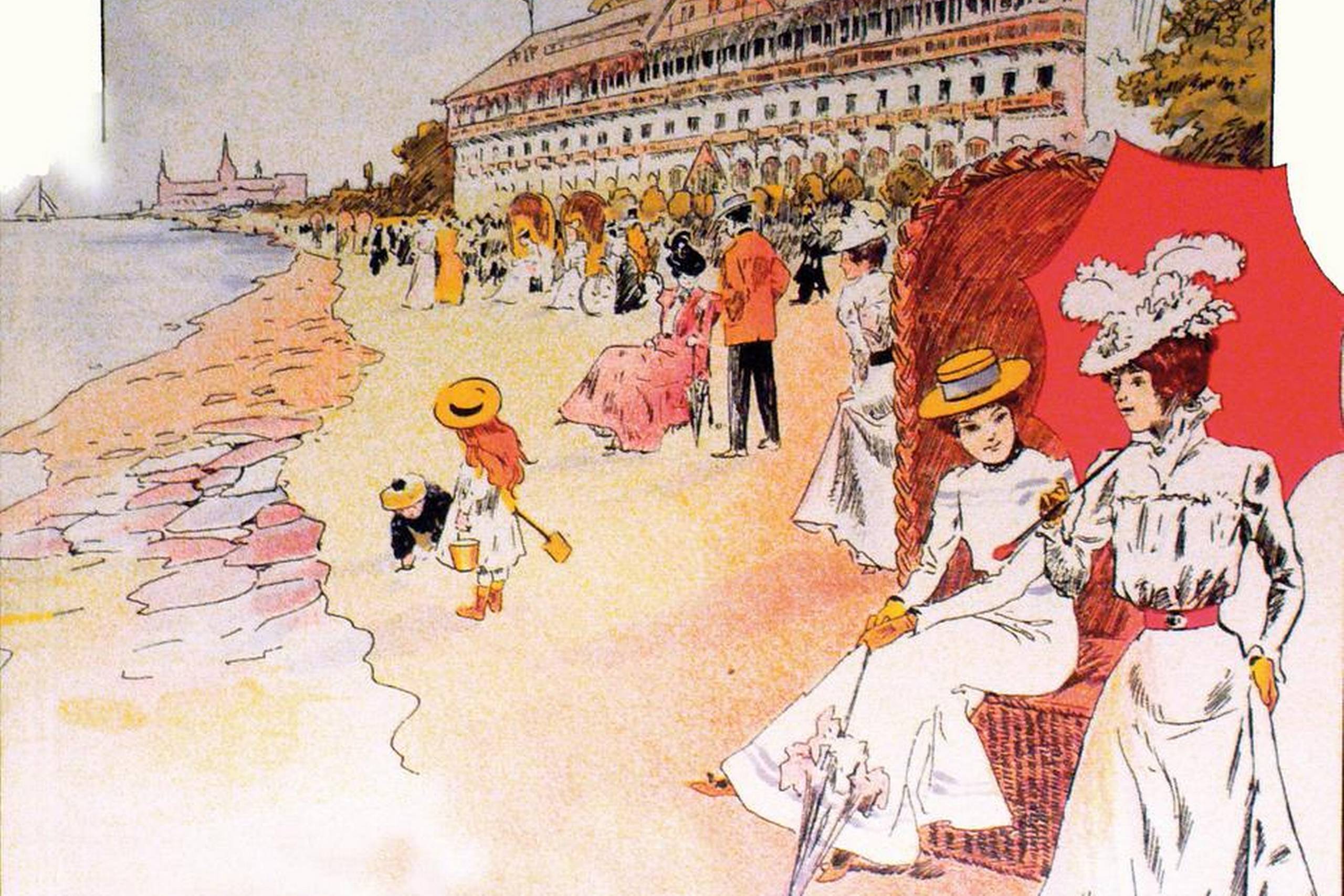 Poul Fischers reklame for Marienlyst Badehotel 1891 viser landliggerlivet, mens man stadig beholdt tøjet på. Det gjorde man ikke på den anden side af Øresund, hvor rygterne gik om løssluppent adeliv i Mølle og Arild. Illustration: Helsingør Bymuseum