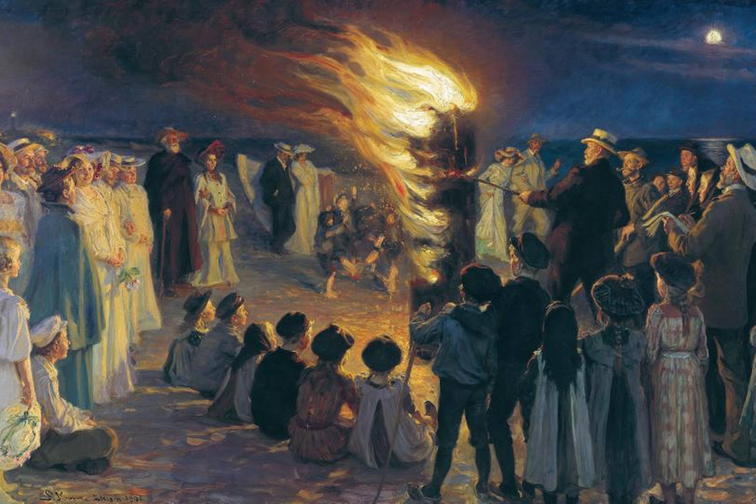 P.S. Krøyer, Sankt Hansblus på Skagen strand, 1906. Olie på lærred, 149,5 x 257 cm. På maleriet ses de centrale kunstnere fra Skagen, i venstre side Anna og Michael Ancher, Holger Drachmann støttende sig til stokken, Marie Krøyer med den svenske komponist, Hugo Alfvén, ved sin side, i højre side kunstneren Laurits Tuxen med notesblok. Krøyer og Maries barn, Vibeke, står med sommerhatten i hånden i venstre forgrund. Datidens Skt. Hans-bål bestod af opstablede olietønder, der gav en høj søjlelignende flamme. Man mener, at det var skagensmalerne, der genindførte den hedenske skik med at fejre Skt. Hans ved at afbrænde bål. Midsommervisen, som mange synger denne dag, blev skrevet af Drachmann. Tilhører: Skagens Museum