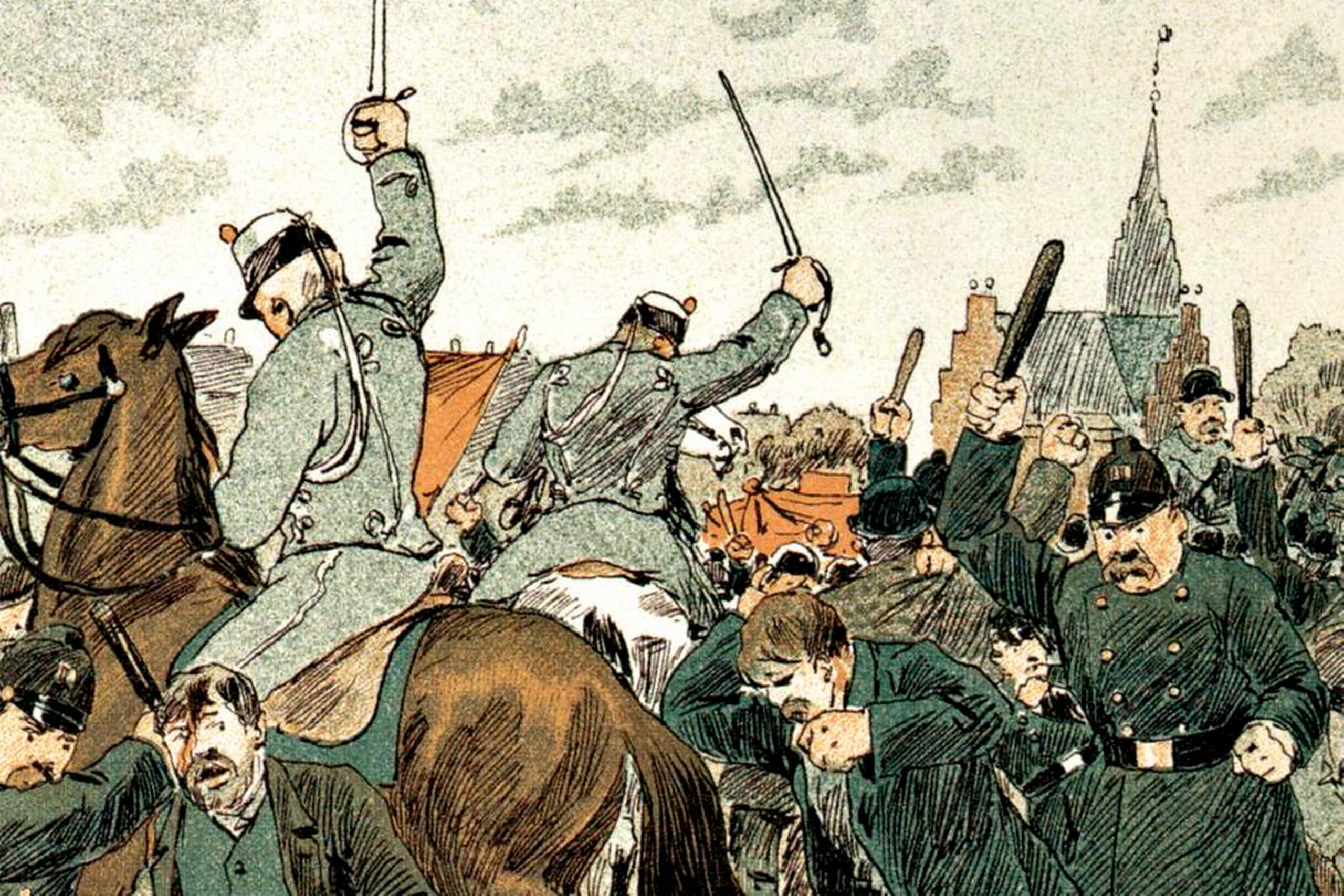 Den 5. maj 1872 splittede et beredskab af politi og husarer en folkemængde på Nørrefælled i den første store konfrontation mellem myndighederne og arbejderbevægelsen. Natten før var bestyrelsen for Internationale blevet arresteret. Slaget på Fælleden må i højere grad ses som et udtryk for magthavernes frygt for den unge socialisme end for arbejderbevægelsens faktiske styrke. Tegning fra Ravnen