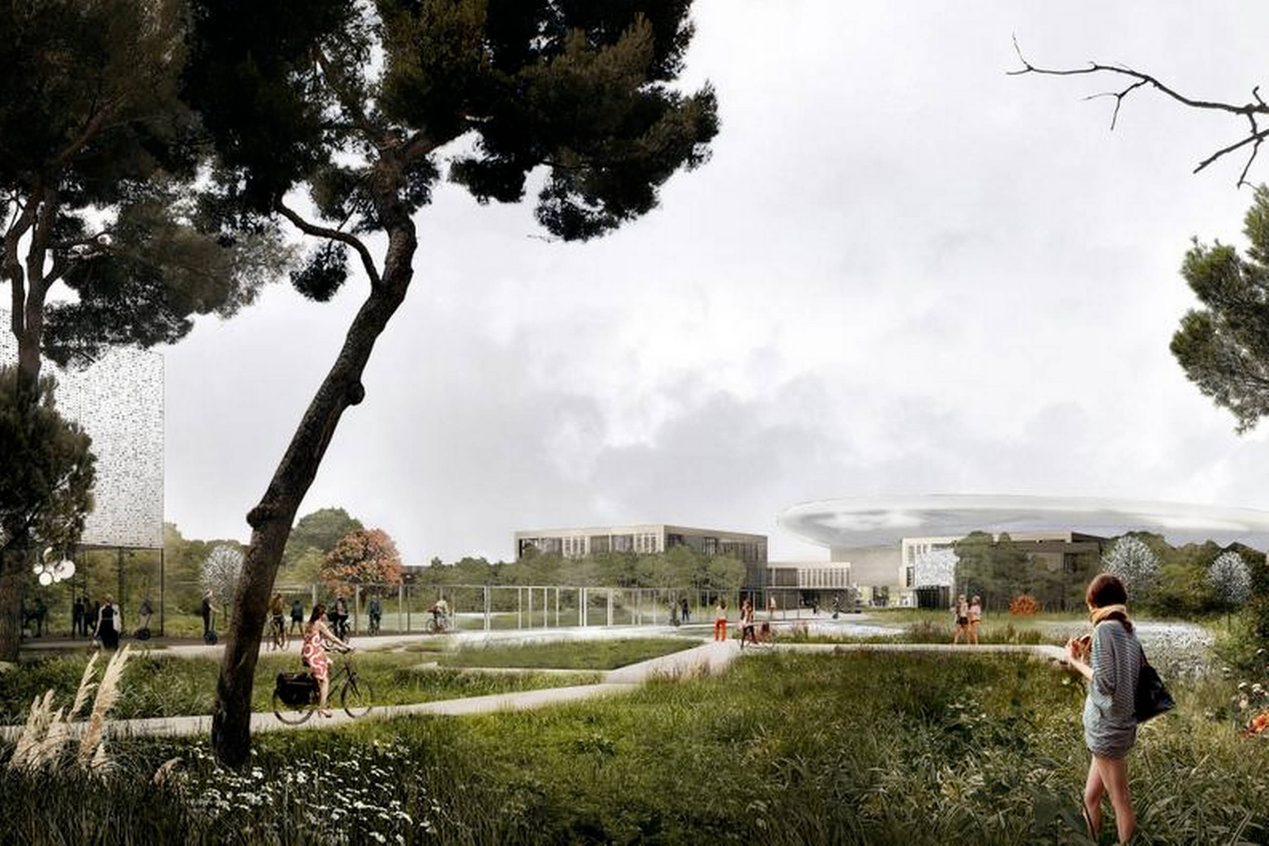 Forskningsanlægget European Spallation Source bygges i Lund i Sverige og er egentlig et partnerskab mellem Danmark og Sverige, men grundet regler er det ikke alle forskere, der får mulighed for at bo i Danmark og arbejde i Sverige. Illustration: Team Henning Larsen Architects