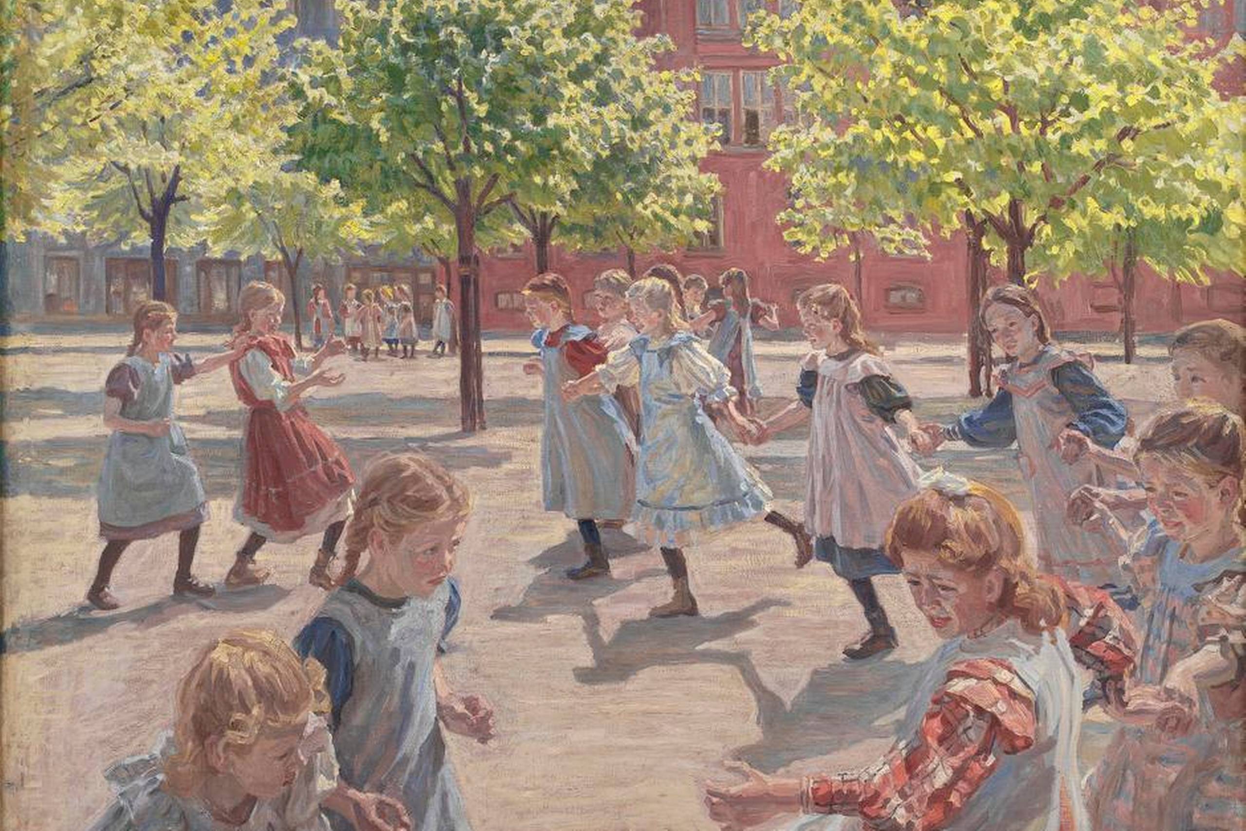 Legen er formodentlig den aktivitet, der bringer mennesket tættest på en lykketilstand. Her illustreret i maleriet ”Legende børn” af Peter Hansen. Illustration: Statens Museum for Kunst