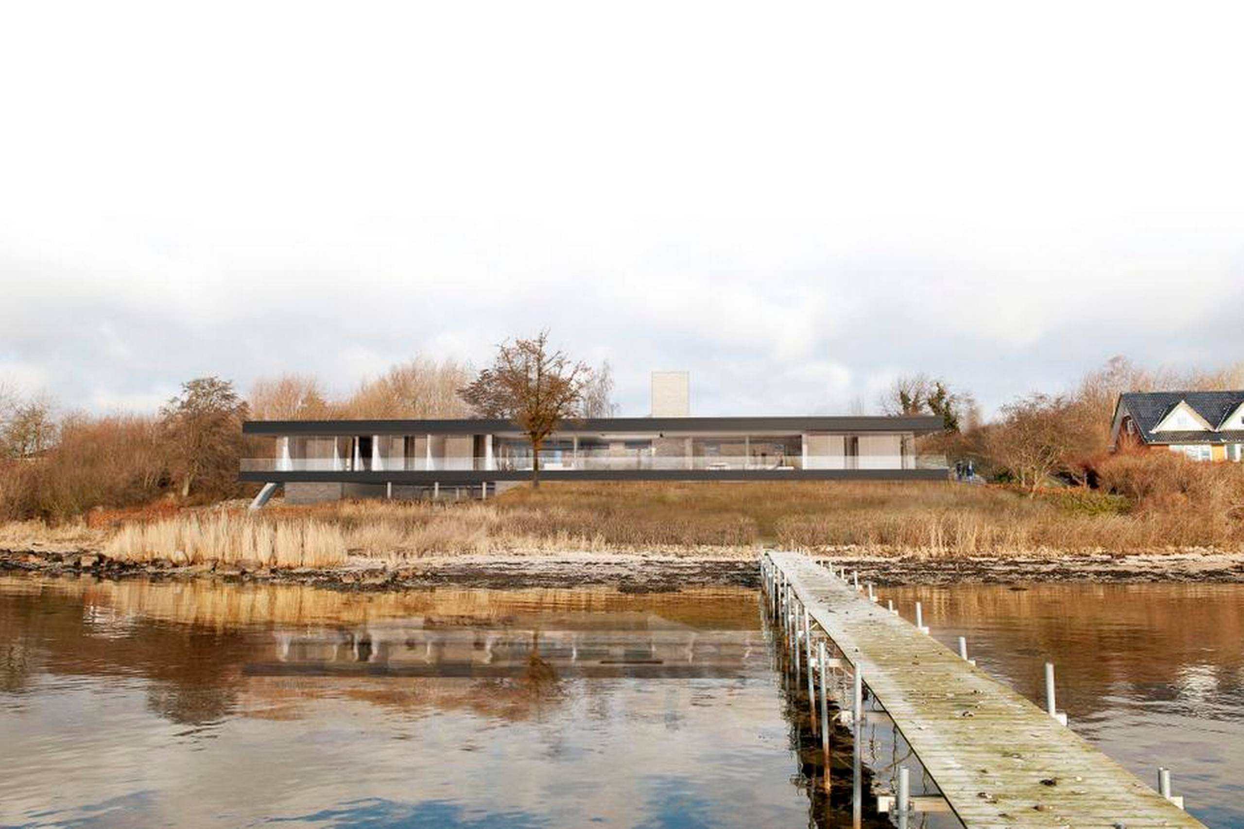 Bent Jensens nye luksusvilla bliver på 650 kvadratmeter, og der er kun ca. 30 meter ud til Lillebælt, viser denne visualisering. Illustration: Schmidt Hammer Lassen Architects   