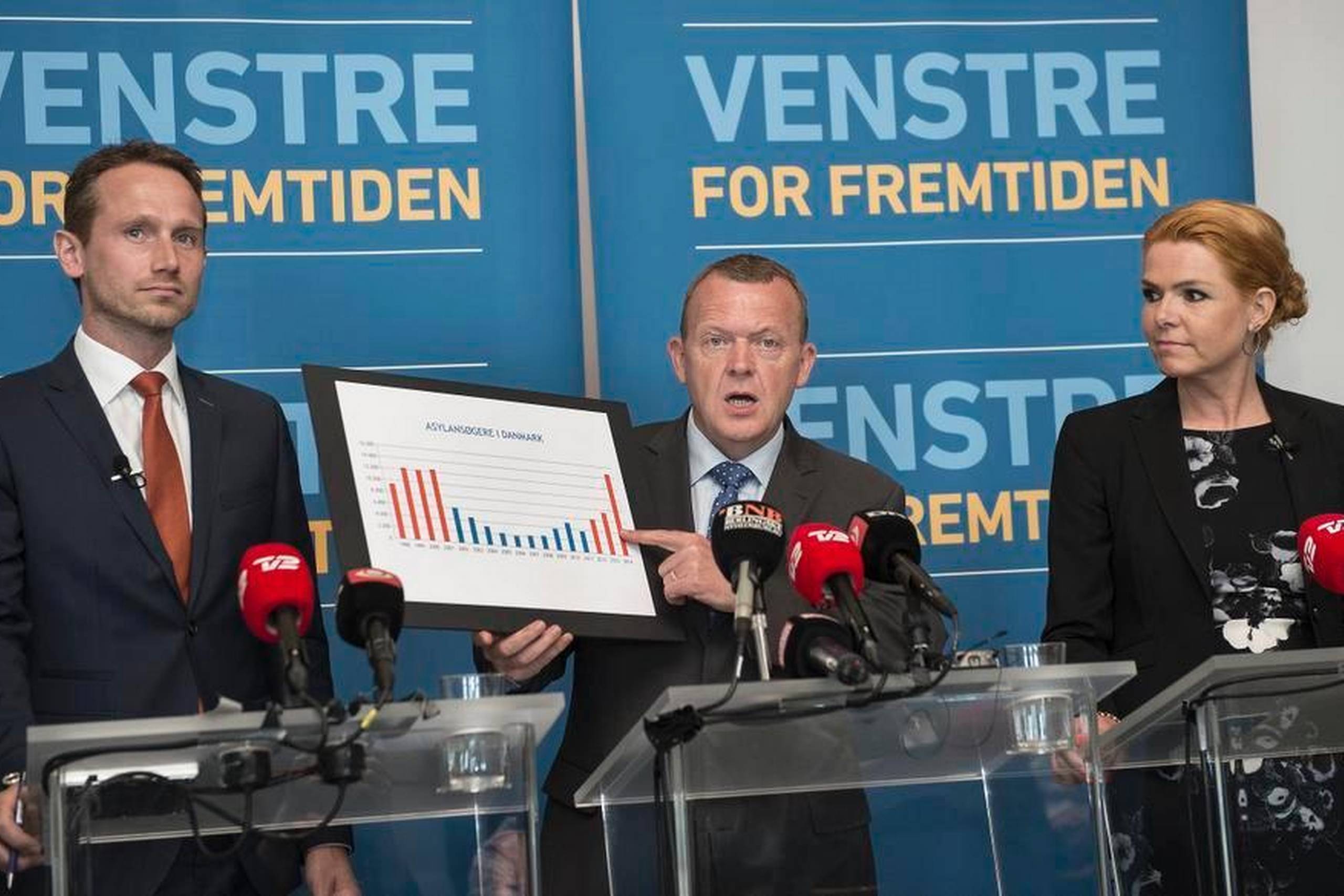 »Asylreformen« blev præsenteret af (fra venstre) næstformand Kristian Jensen, formand Lars Løkke Rasmussen og politisk ordfører Inger Støjberg. Foto: Mogens Flindt/Polfoto