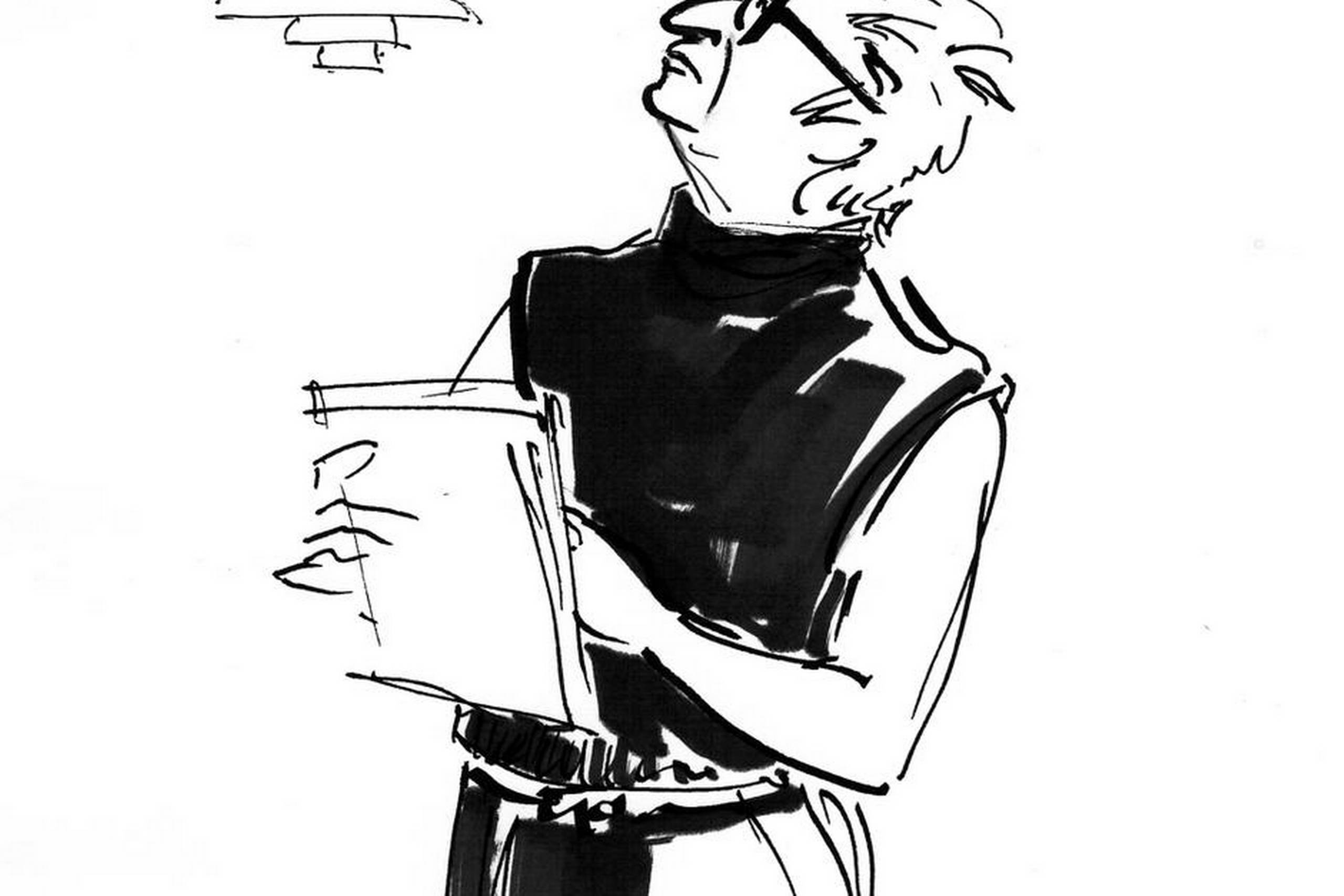 Ina-Miriam Rosenbaum i ”Fandens Oldemor” på Teater V. Tegning: Tove Nørgaard