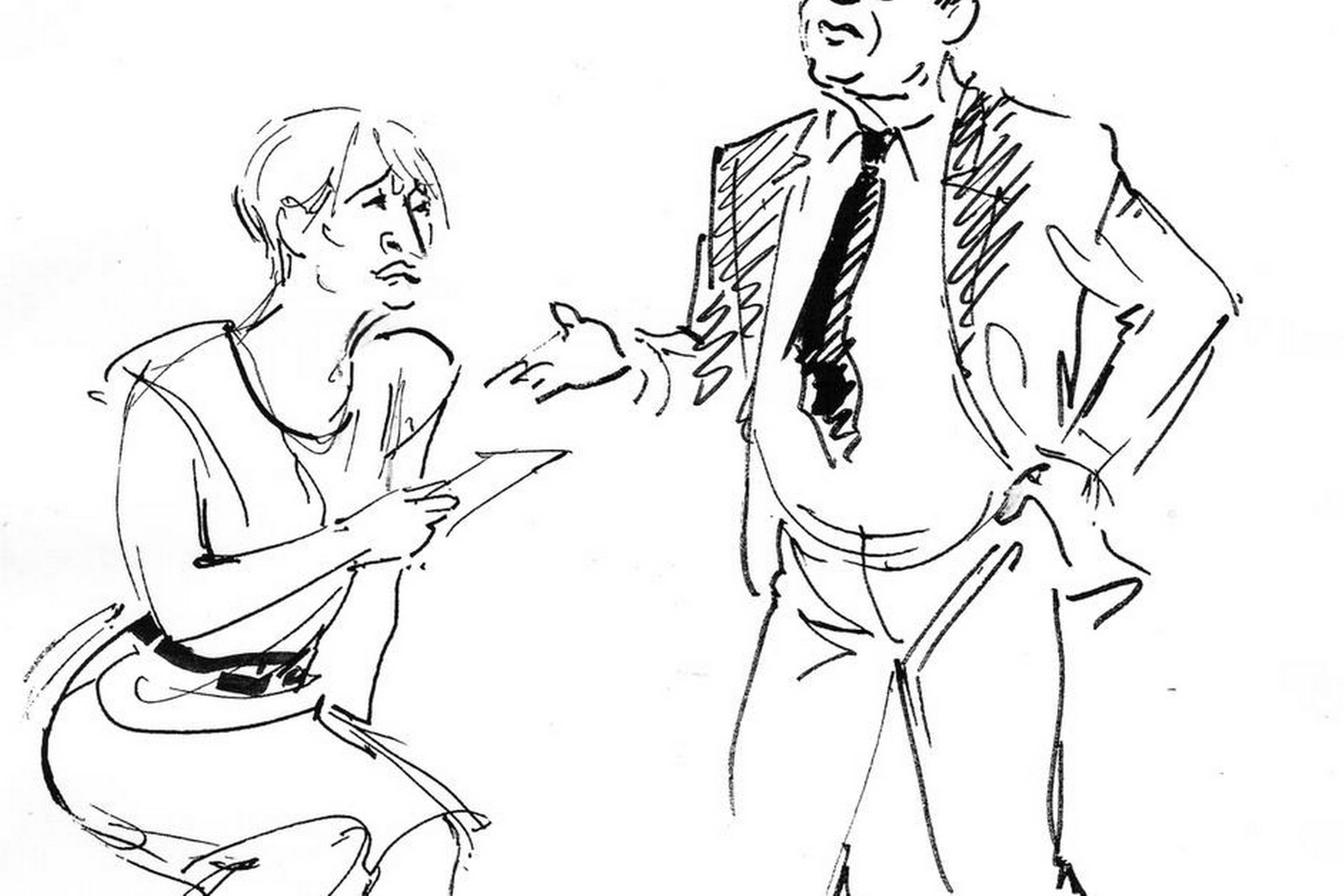 Karen-Lise Mynster og Flemming Enevold lyser op som det demensramte ægtepar i fore stillingen ”Det andet sted”, der turnerer landet rundt frem til den 4. december. Tegning: Tove Nørgaard