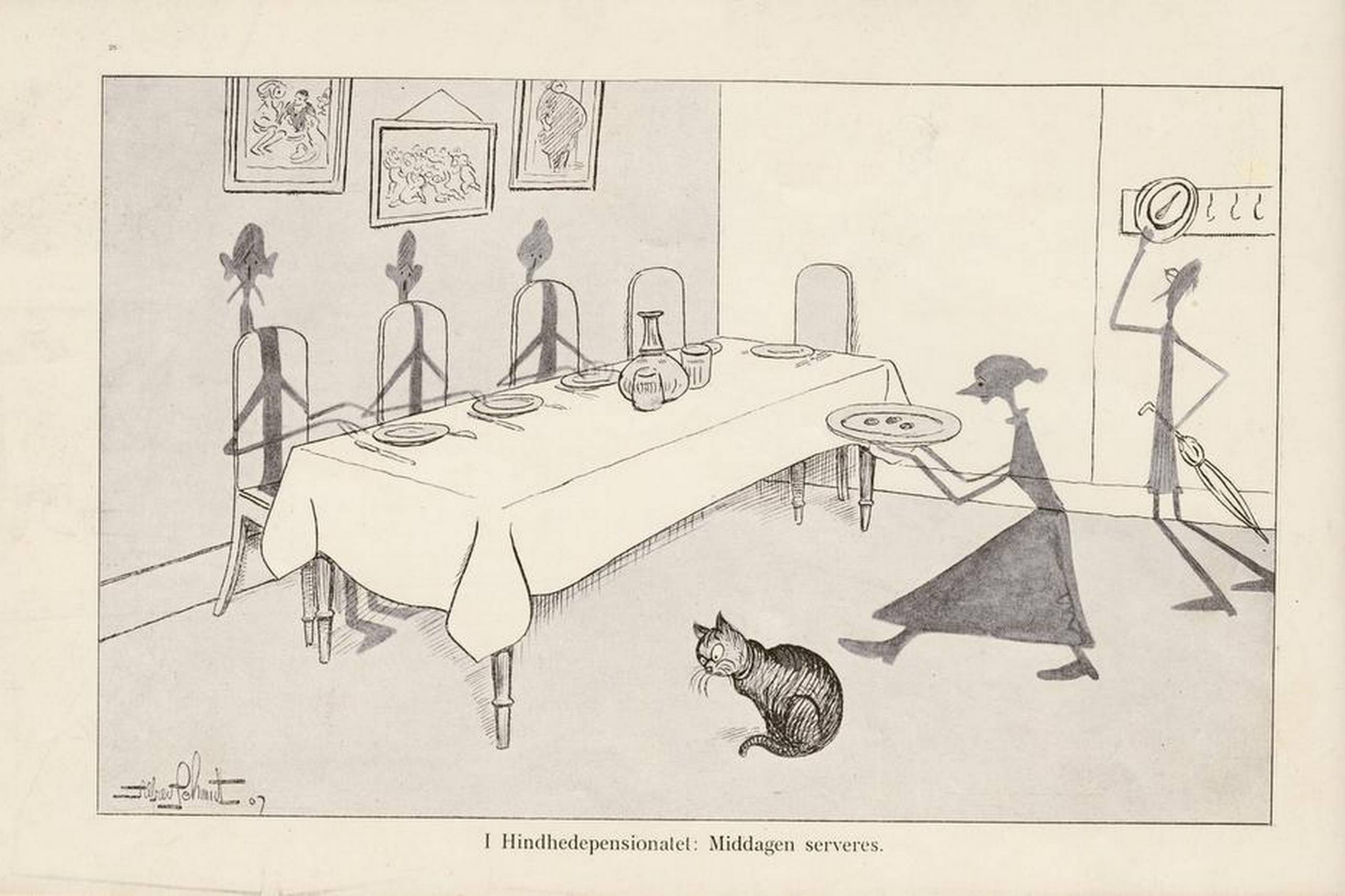 Lægen og samfundsdebattøren Mikkel Hindhede lagde grunden til den moderne danske ernæringsvidenskab. Nu blev mad til kost, og begreber som vitaminer, proteiner og fedtindhold blev en del af danskernes ordforråd. Det satiriske magasin ”Blæksprutten” fortolkede Hindhedes budskab som på tegningen.