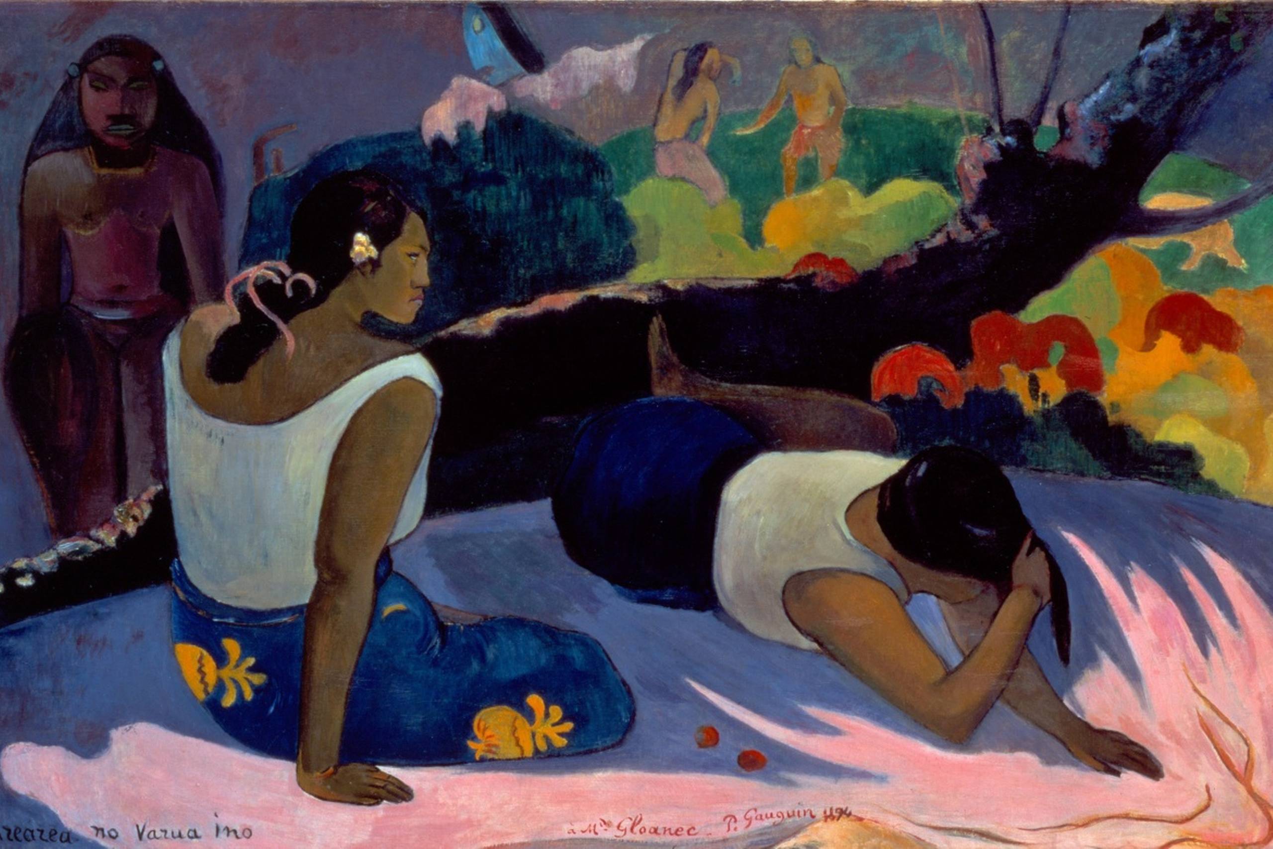 Der er en verden til forskel mellem Salonens glans billedagtige malerier og dette eksperimentende billede med kraftige kon turer og stærkt reduceret perspektiv: ”Liggende Tahitikvinder”, olie på lærred, 1894. 60 x 98 cm. Ny Carlsberg Glyptotek.