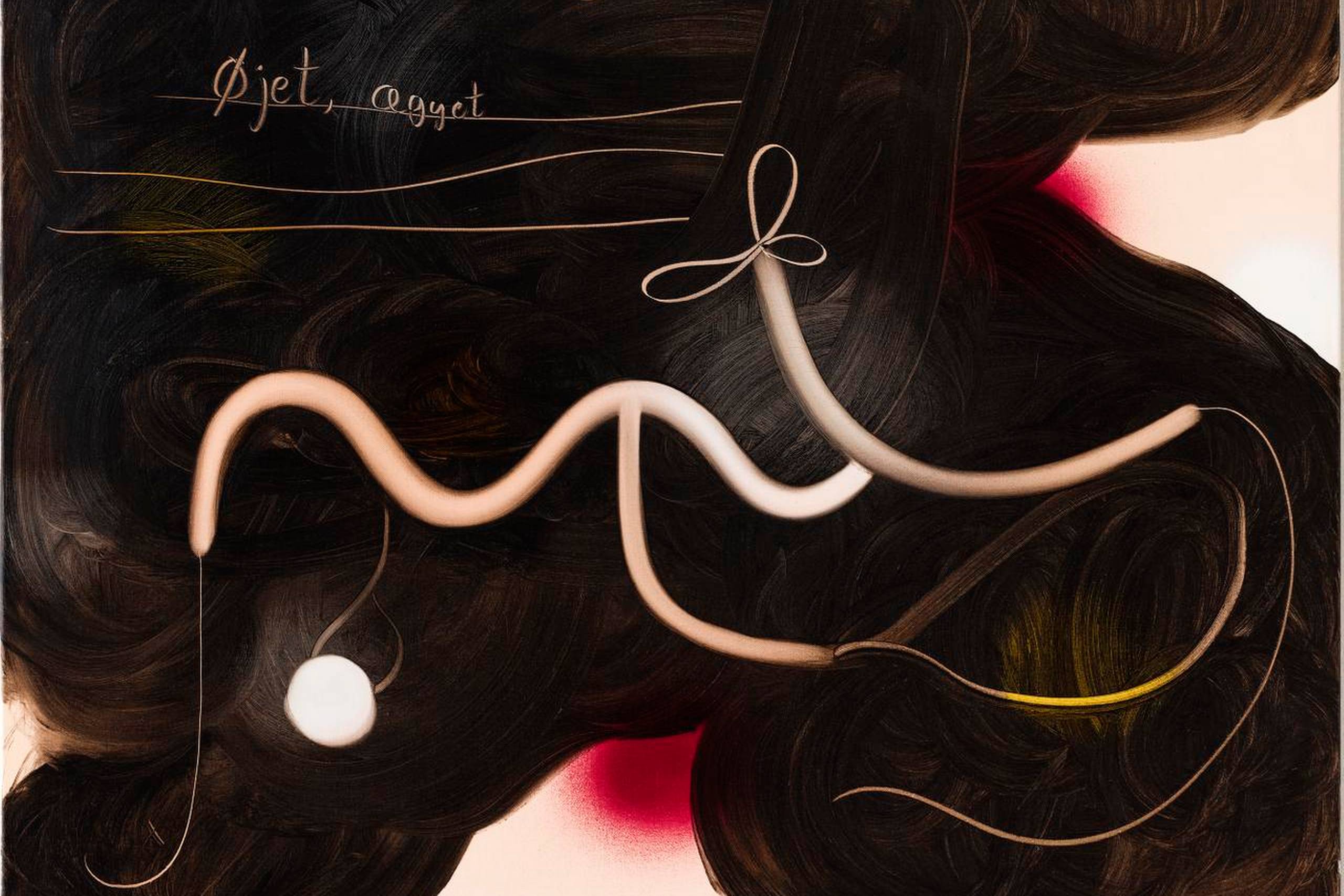 Øjet og ægget er gennemgående symboler i Kathrine Ærtebjergs billedunivers: ”Øjet og ægget”, 2016. Akryl, olie og spraymaling på lærred. 60 x 75 cm.
