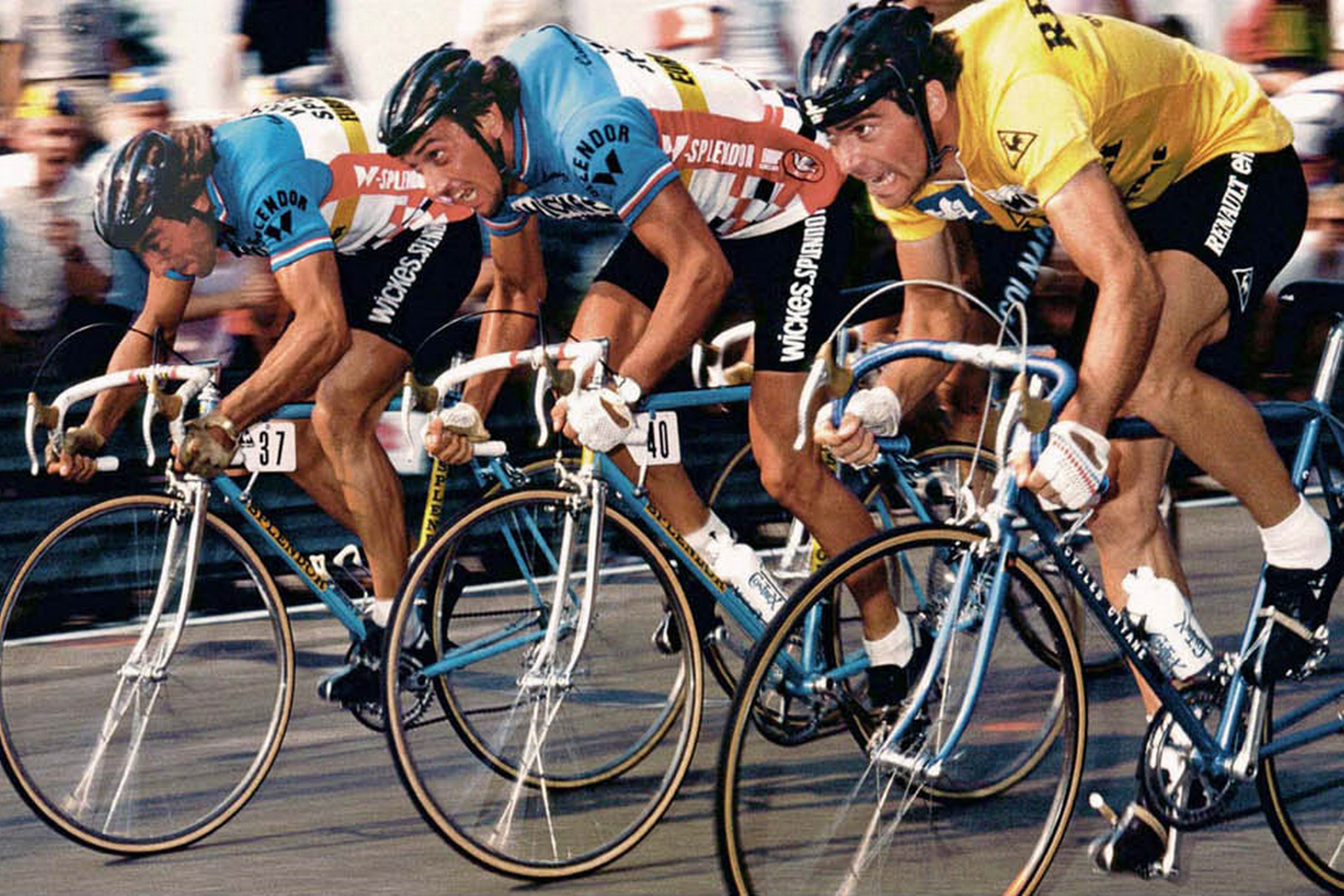 Væddeløb anno 1981. Belgierne Eddy Planckaert og Guido Van Calster i et skarpt sprinteropgør med Bernard Hinault.