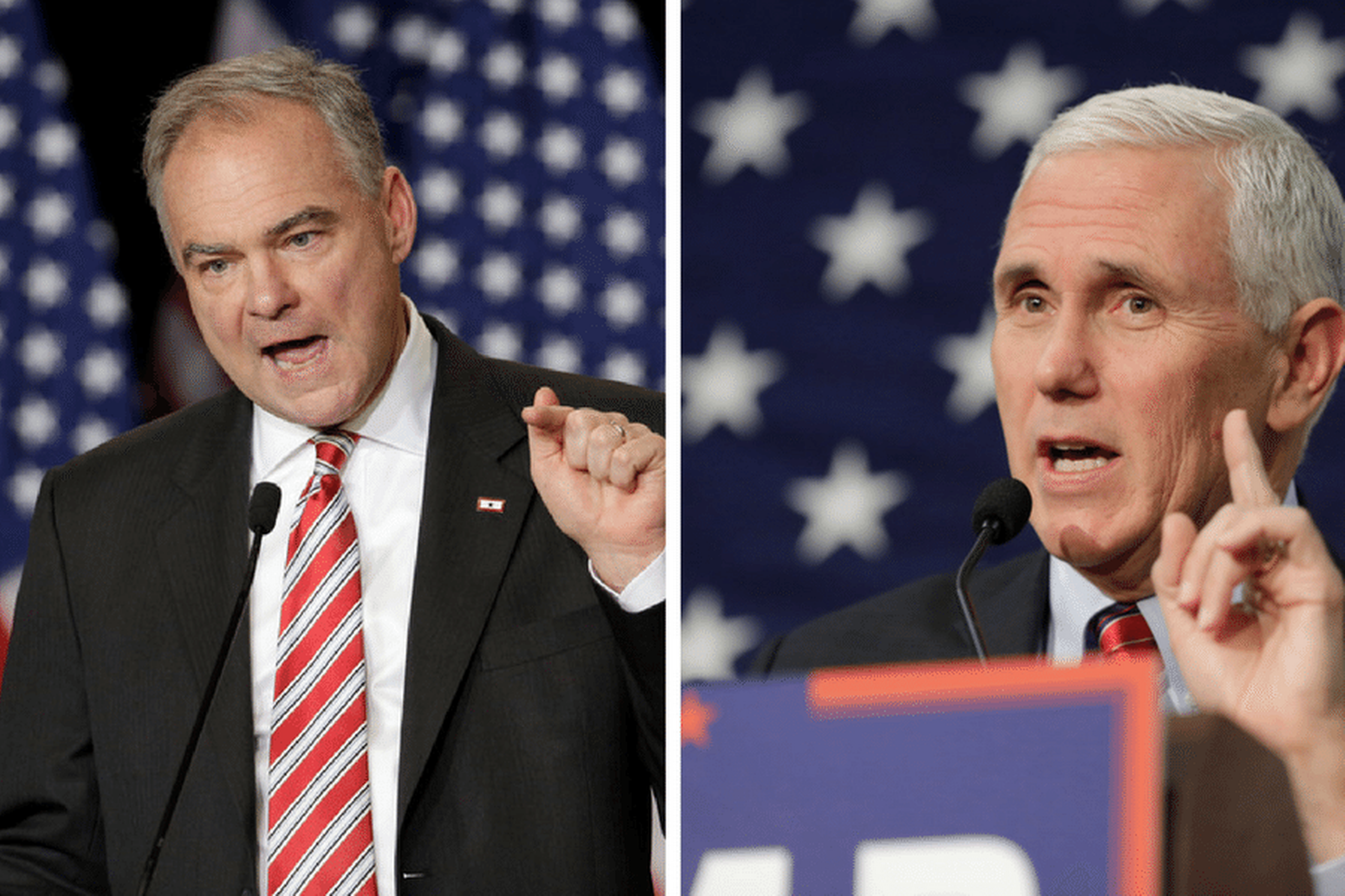 For en stund er det i nat de to vicepræsidentkandidater, der indtager rampelyset. Demokraternes vicepræsidentkandidat Tim Kaine (tv.) vil forsøge at bruge kritikken af Donald Trump på hans modkandidat, Mike Pence. Foto: Chuck Burton og Darron Cummings/AP