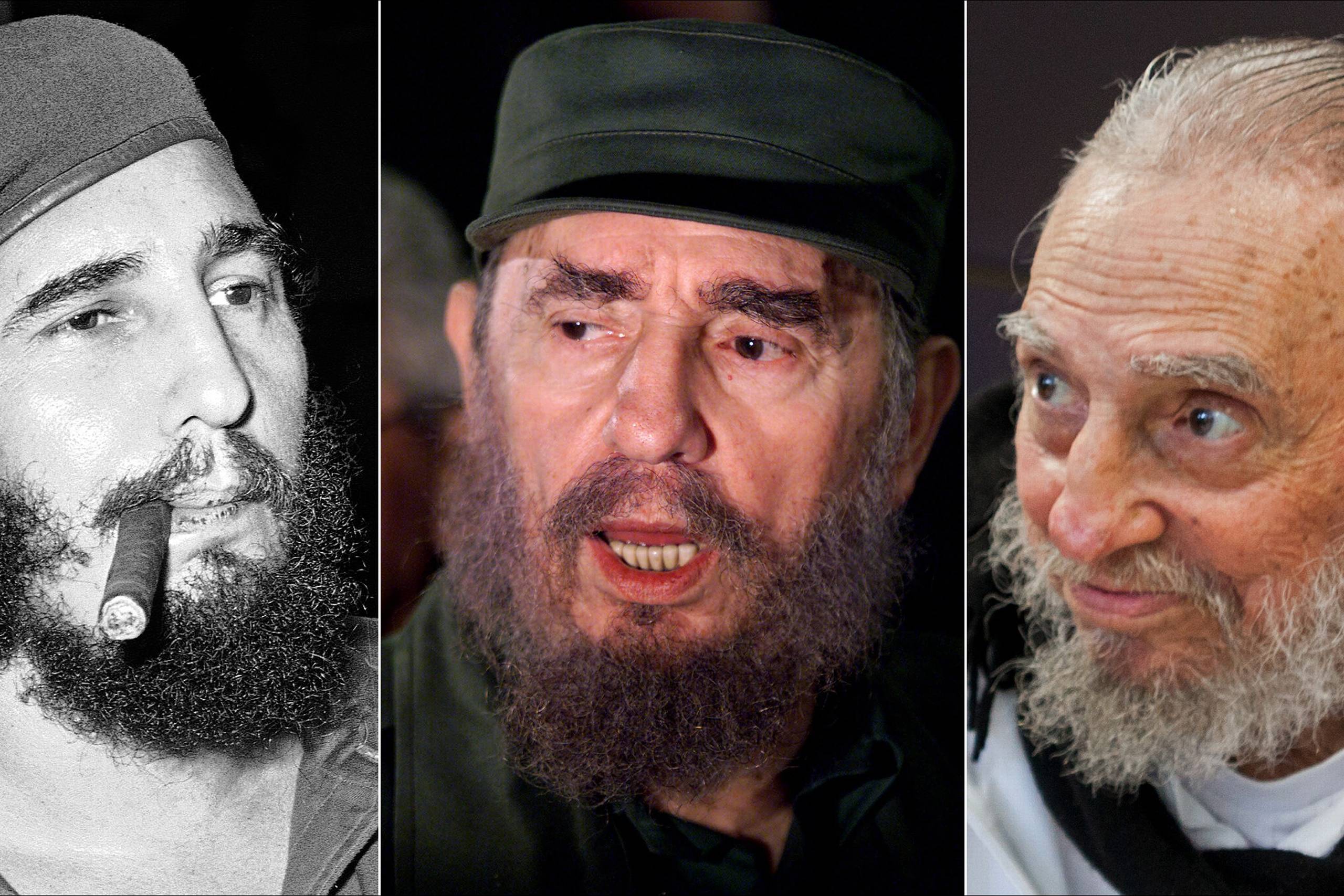Billedcollagen viser fra venstre Fidel Castroi færd med at ryge en cigar i Havana 1961. I midten taler han med pressen i april 2000, mens det sidste er taget i hans hjem i Havana i februar i år. Fotos: AP