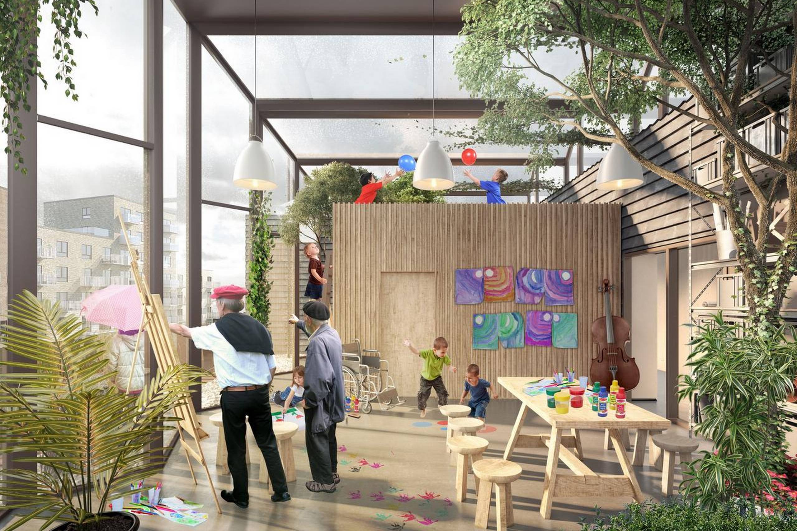 Fællesskab og flere generationer under samme tag var en bunden opgave for at vinde entreprisen til at opføre Generationernes Hus. Illustrationer: KPF Arkitekter AS / RUM as