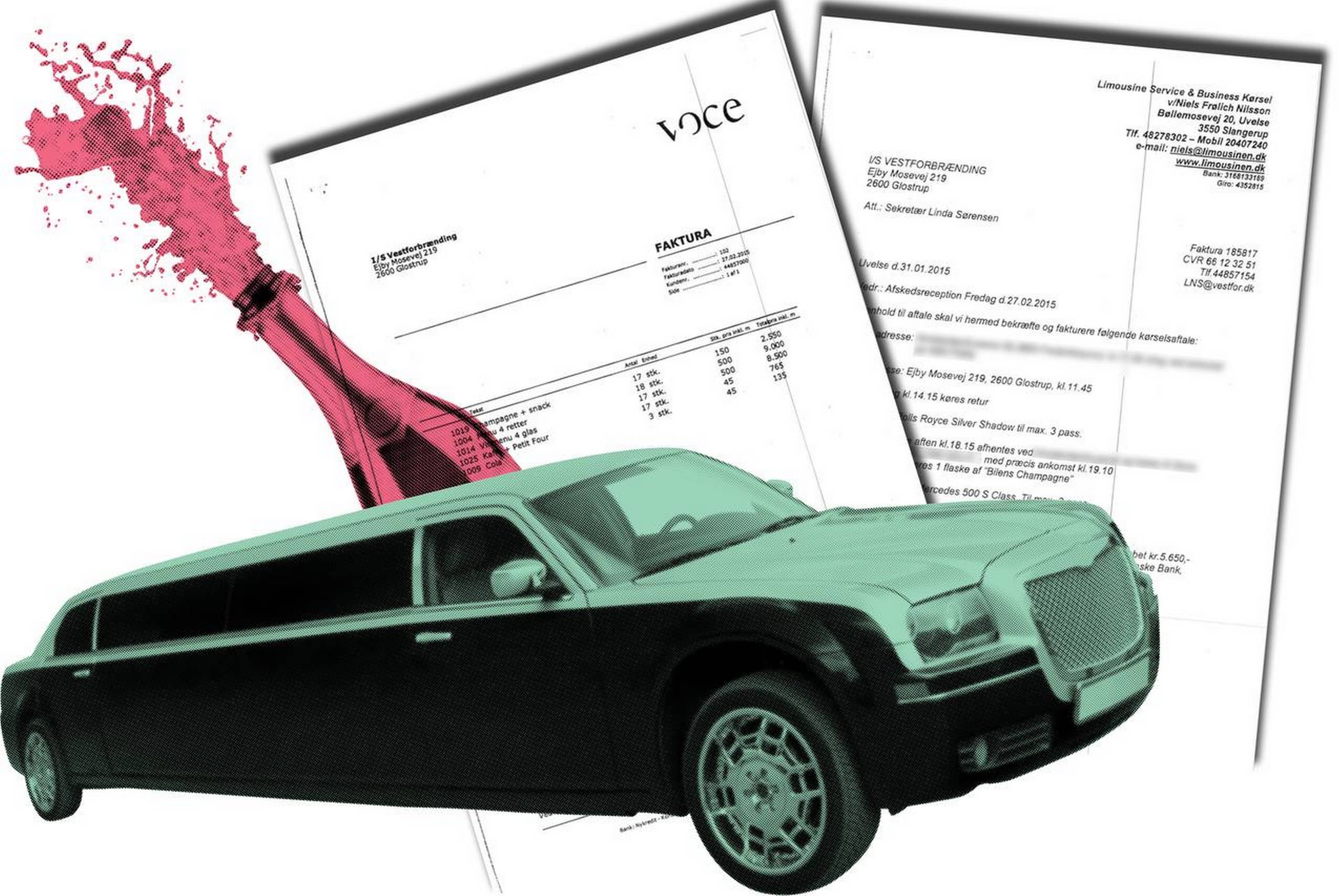 Regningen lød på omkring 100.000 kr., da Vestforbrænding i 2015 holdt en afskedsreception for den afgående direktør. Der blev bl.a. lejet en limousine og spist middag på restaurant Voce i København med kuvertpriser på 1.163 kr.