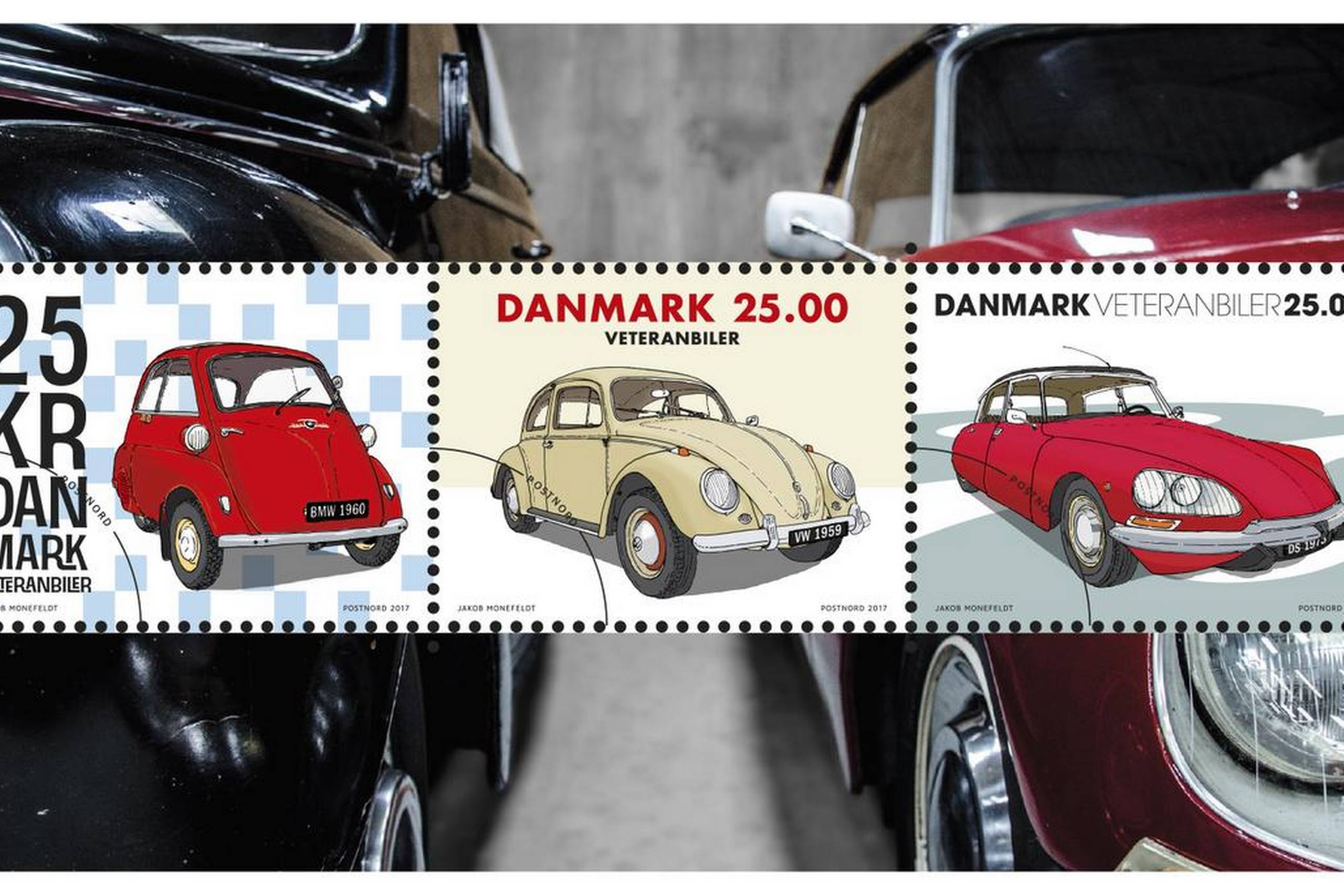 Frimærkerne skal typisk fortælle et stykke dansk kulturhistorie. Det gør de tre klassiske modeller BMW Isetta, VW 1200 og Citroën DS i høj grad. Fotos: Post Nord