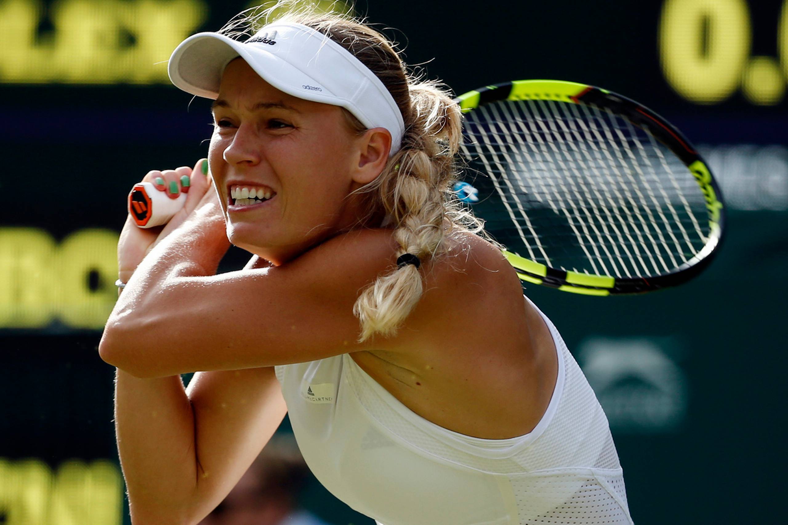 Caroline Wozniacki i tirsdagens Wimbledon-kamp mod Timea Babos. Foto: Alastair Grant/AP