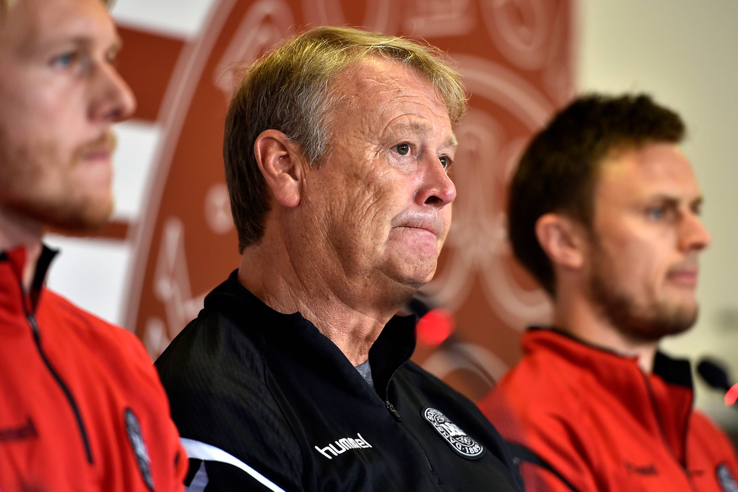 Simon Kjær, Åge Hareide og William Kvist var de tre deltagende på torsdagens pressemøde. Foto: Lars Poulsen