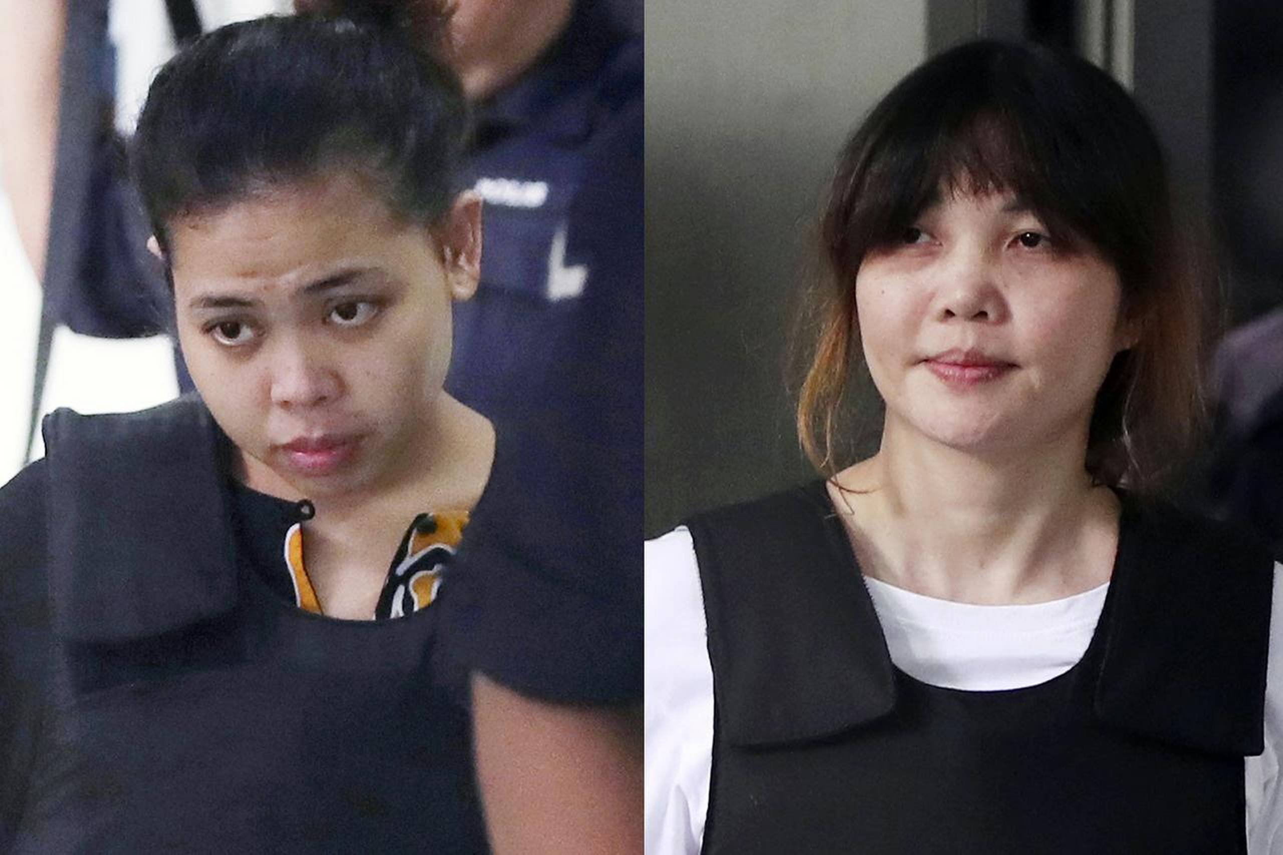 Mandag åbnede retssagen mod de to mordtiltalte kvinder, indonesiske Siti Aisyah (tv) og vietnamesiske Doan Thi Huong (th), ved højesteret i Kuala Lumpur. Her eskorterer politiet dem væk fra retten. Foto: Daniel Chan/